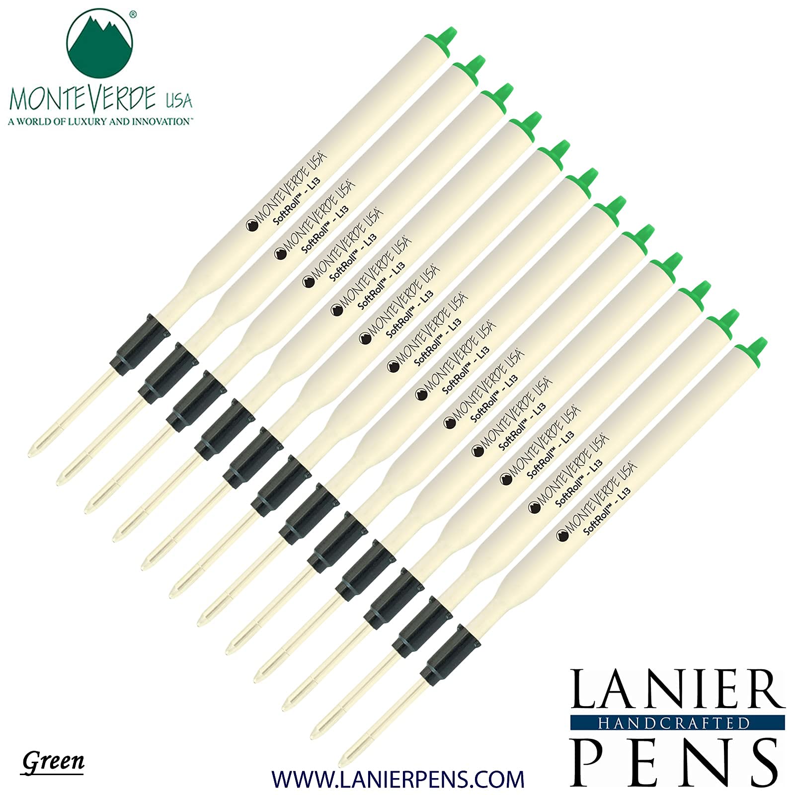 Monteverde Soft Roll Ballpoint Ink Refills 12-Pack - L13 Paste Ink Refills Compatible with Lamy Style Pens - Medium 0.7mm Green Ink - Perfect for Office, School & Everyday Writing Needs
