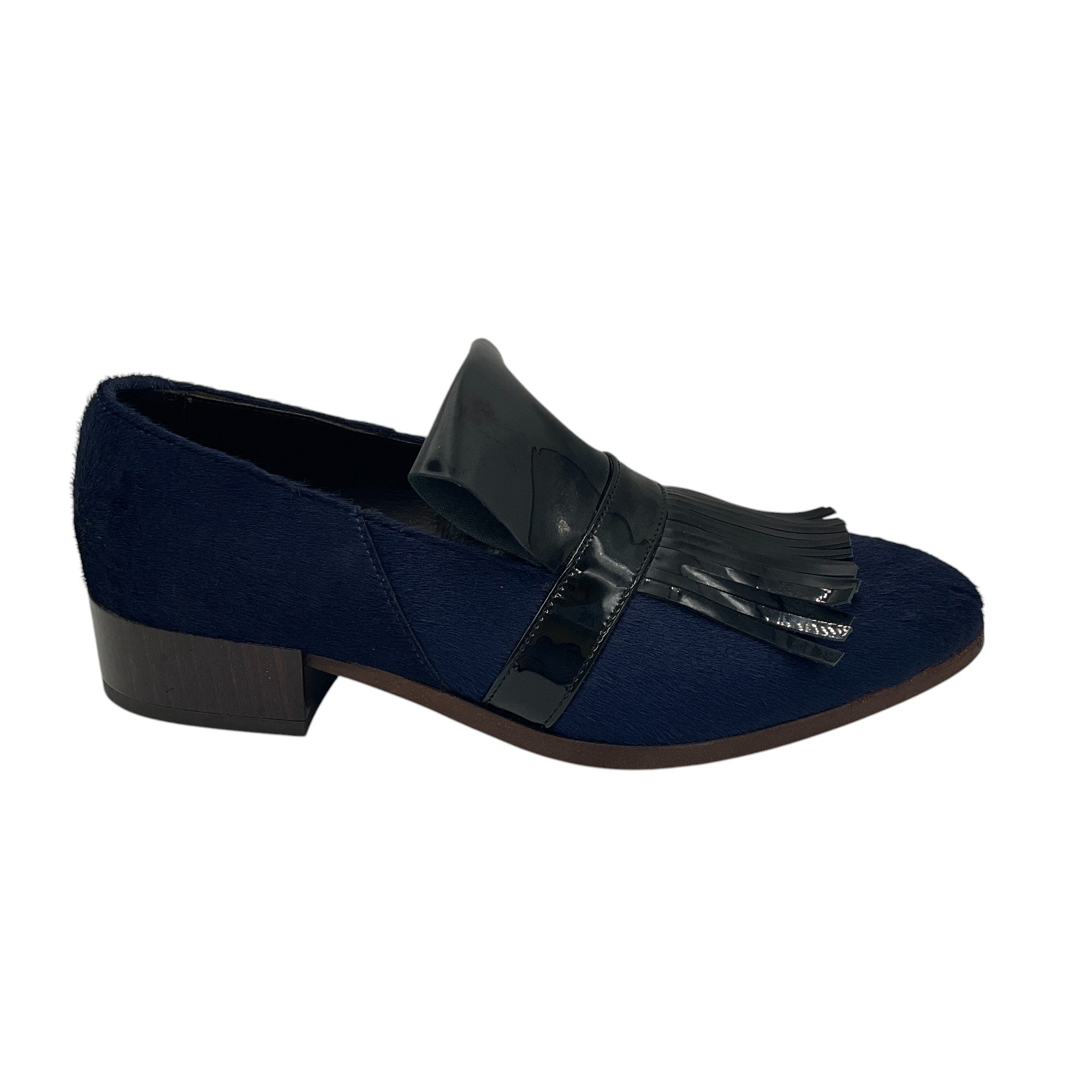 Billy Reid Navy Blue & Black Patent Leather Fringed Calf Hair Loafers - Stylish Men's Dress Shoes for Business & Casual Wear