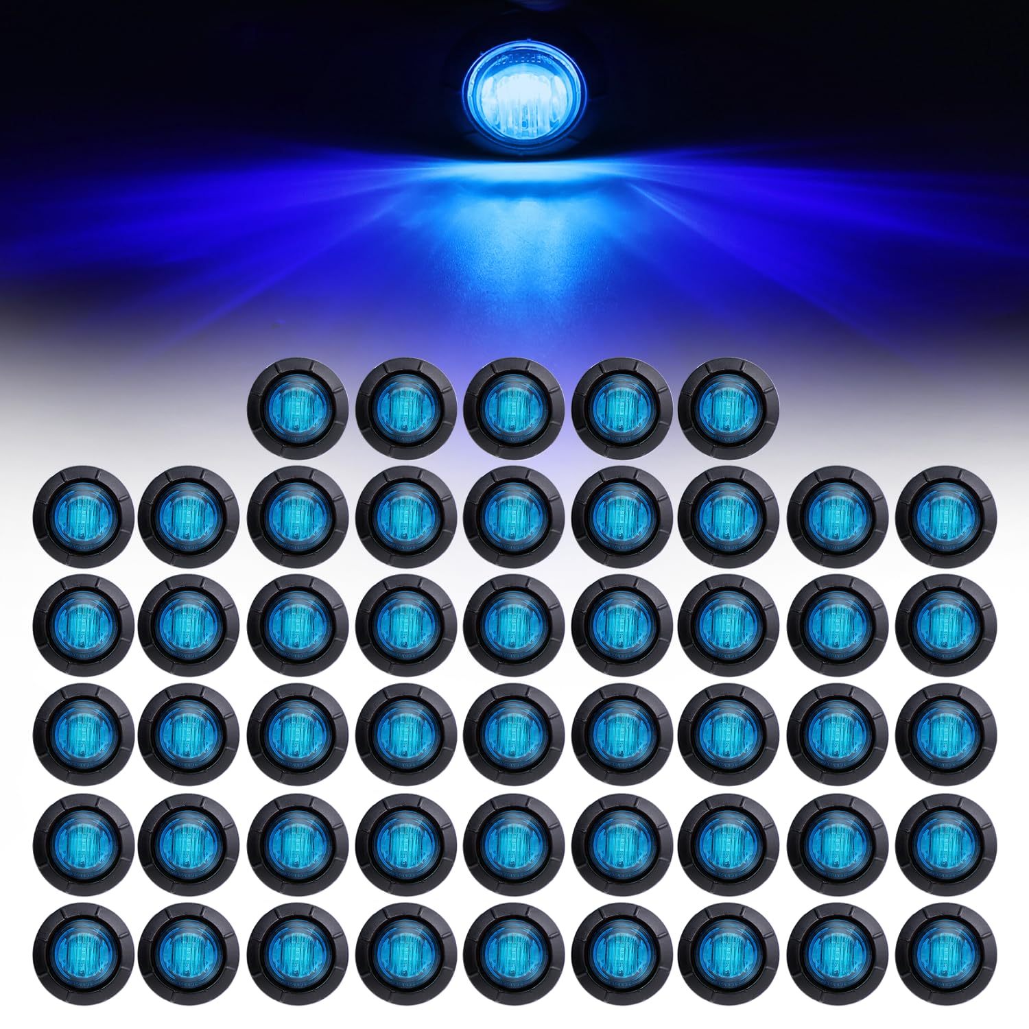 50 Pcs 3/4 Inch Mini Round Blue LED Side Marker Lights - 12V DC Waterproof Clearance Bulbs with Grommets - Universal Fit for Pickup, Bus, Trailer & Truck - Perfect for Night Driving and Vehicle Safety Lighting