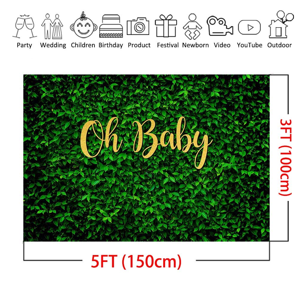 Green Leaves Baby Shower Backdrop - 5'x3' Safari Grass Wall Hedge Photo Booth Background for Oh Baby Party Decorations & Photography - Perfect for Jungle Theme Baby Showers, Gender Reveals, and Birthday Parties