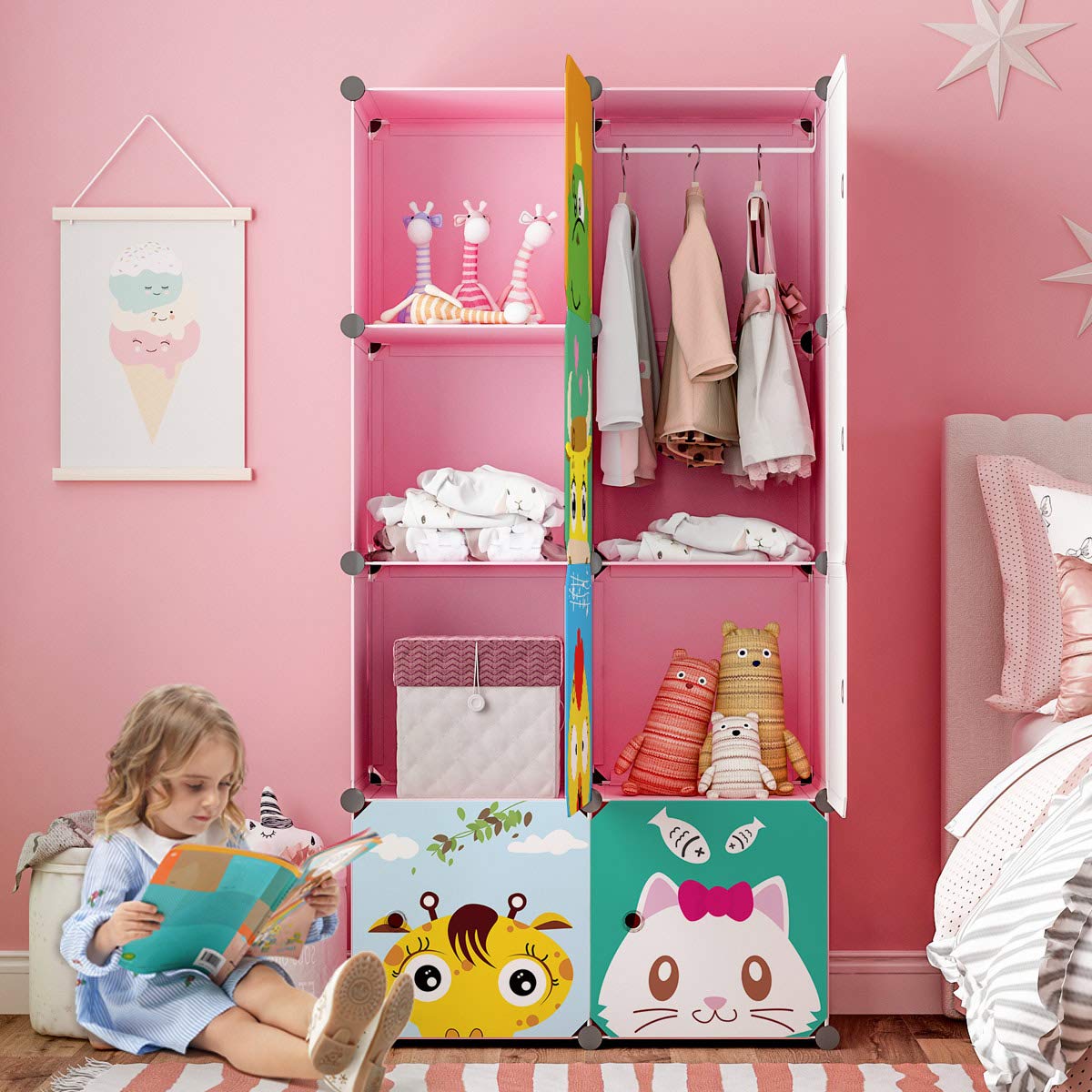 MAGINELS Kids Wardrobe Closet with Door - 8 Cube Storage Organizer for Baby Girl & Children (14x14 Inch, Pink) | Portable Dresser for Bedroom, Nursery & Playroom Clothes Organization