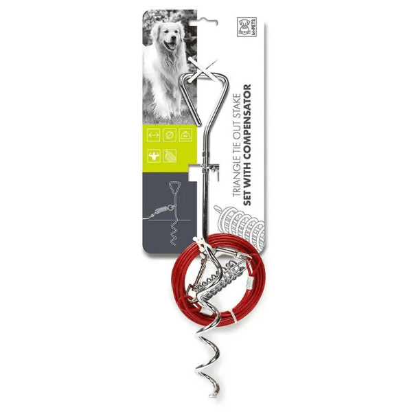 PETS Heavy Duty Triangle Tie Out Stake Set with Compensator - 50 lb Capacity for Dogs - Secure Outdoor Tethering for Camping, Backyard & Travel