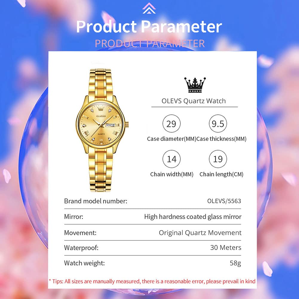 OLEVS Women's Gold Stainless Steel Waterproof Analog Watch with Date & Day - Small Face Quartz Movement, Fashion Gold/Black/White Dial Ladies Wristwatch - Perfect for Office, Party & Everyday Wear