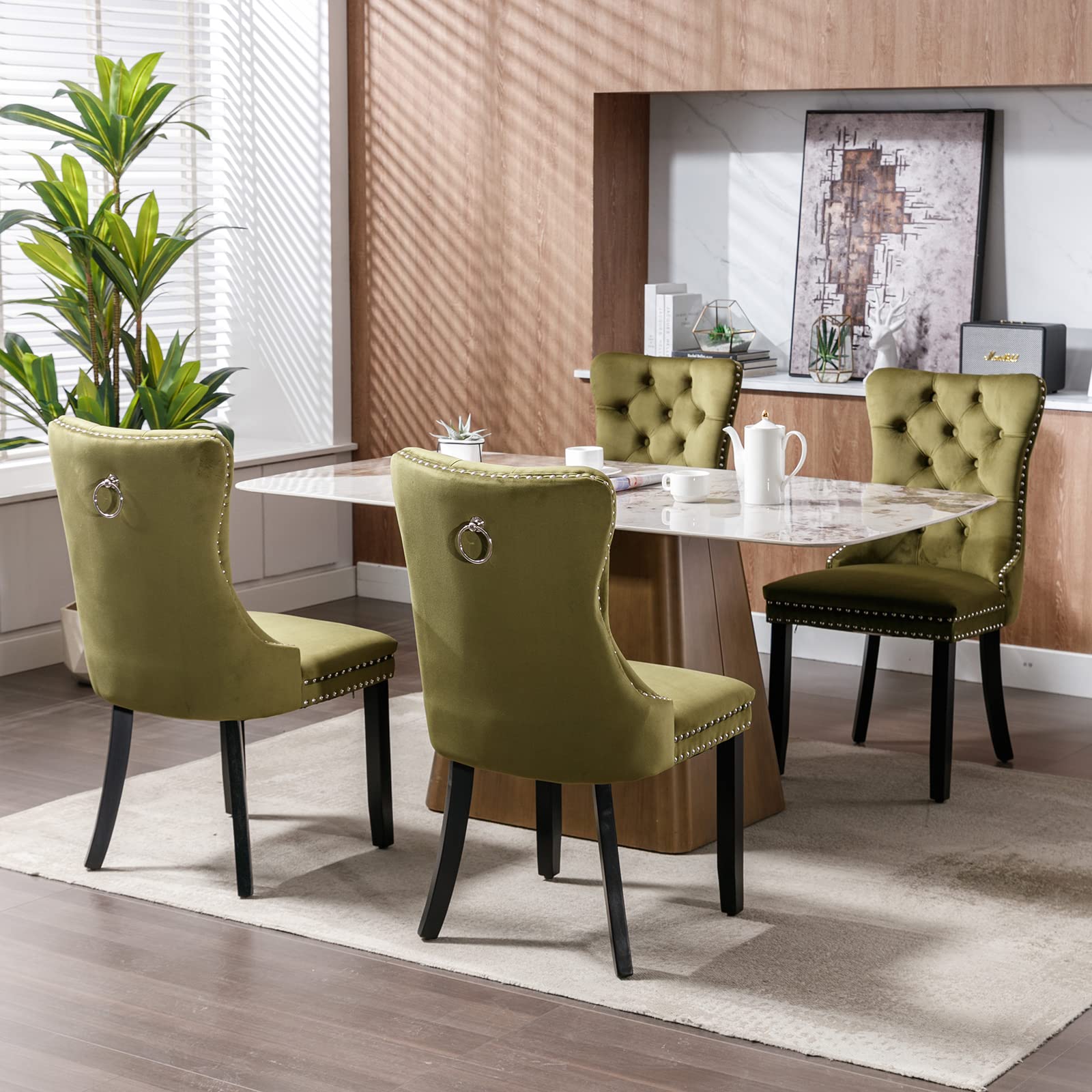 Luxury Velvet Dining Chairs Set of 2 - Tufted Upholstered Kitchen & Dining Room Chairs with Solid Wood Frame (Olive Green) - Perfect for Modern Home, Restaurant, and Office Decor
