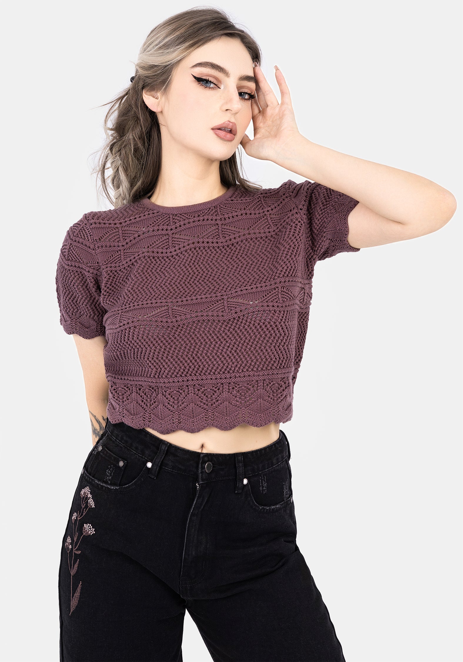 Hooked Pointelle Short Sleeve Crop Top - Purple | Women's Fashion Knit Top for Summer | Perfect for Beach, Music Festivals & Date Nights