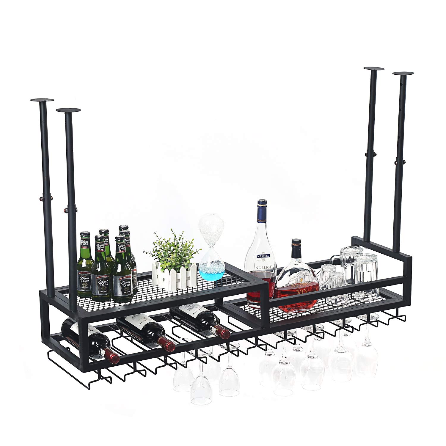 Ceiling-Mounted Wine Rack - Wall Hanging Wine Bottle & Glass Holder - Stemware & Mug Storage - Vintage Black Home Decor for Kitchen, Bar, Dining Room & Wine Cellar Organization