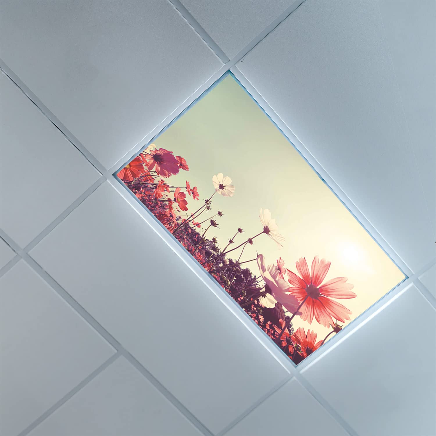 Floral Pattern Fluorescent Light Covers - 2ft x 4ft LED Ceiling Light Diffuser Panels for Drop Ceiling - Dark Coral & Sky Blue Decorative Light Filters | Perfect for Offices, Classrooms, and Home Decor