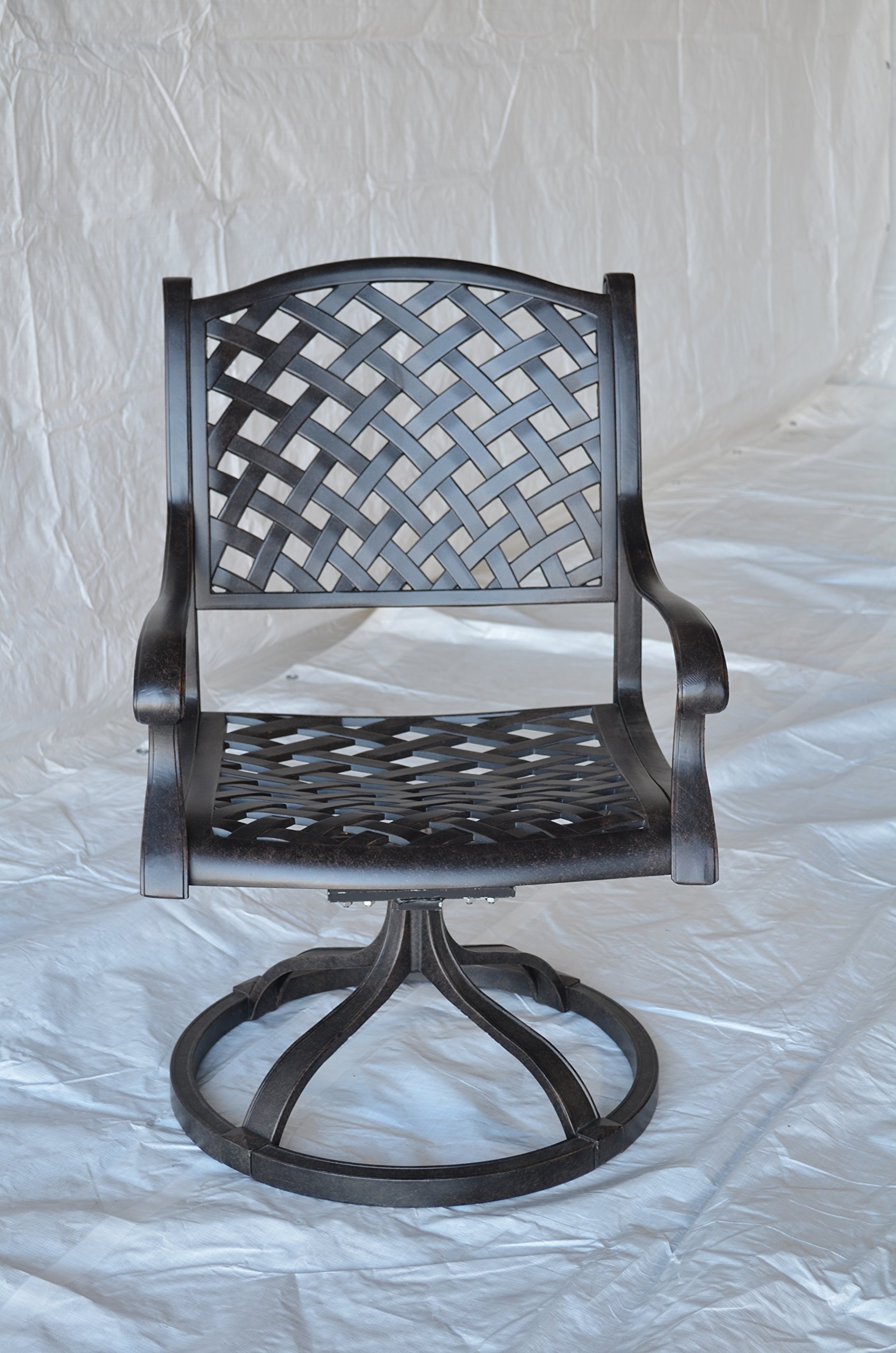 Dark Bronze Cast Aluminum Nassau Outdoor Patio 4 Swivel Rocker Dining Chairs with Walnut Cushions - Perfect for Backyard, Garden & Poolside Relaxation