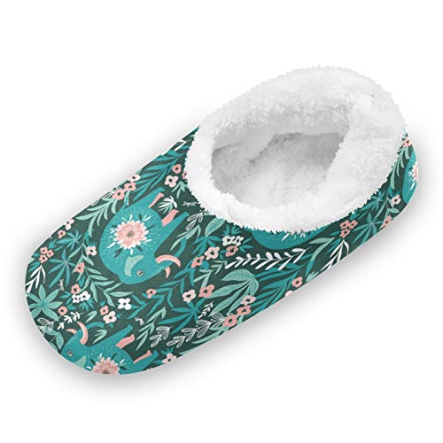 Women's Tropical Floral Elephant Fuzzy Slippers - Soft Coral Fleece-Lined House Shoes for Indoor Comfort | Cozy Homewear, Gift for Her, Lounge & Relaxation
