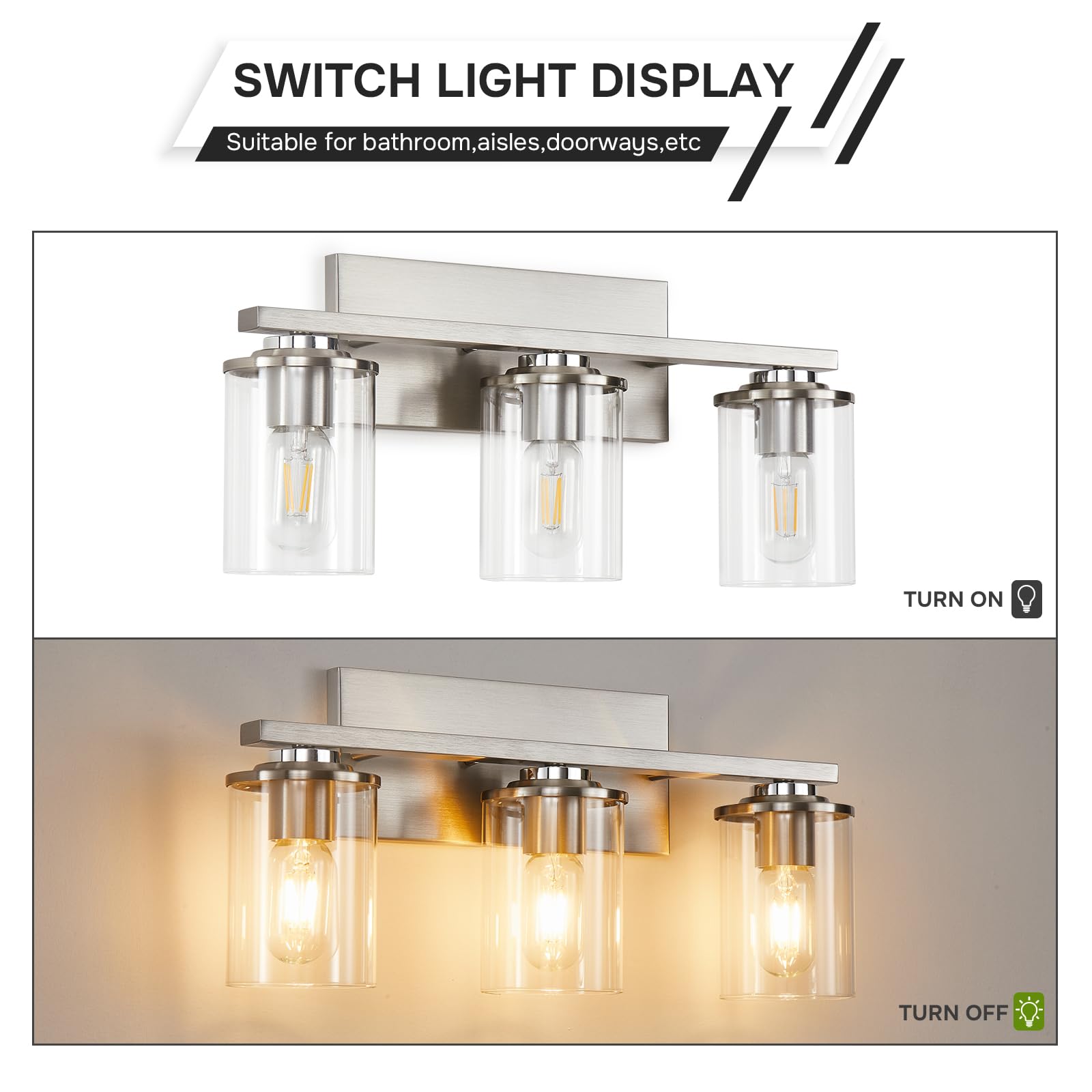3-Light Brushed Nickel Bathroom Vanity Light Fixture with Clear Glass Shade & E26 Base - Modern Mirror Lighting for Bathroom, Powder Room & Dressing Area - Perfect for Makeup, Shaving & Home Decor