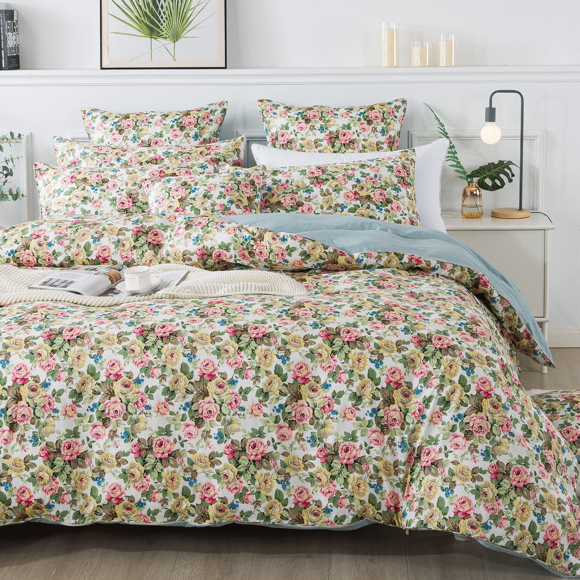 FADFAY King Size Duvet Cover Set - 100% Cotton Rose Floral Vintage French Country Farmhouse Bedding | 3-Piece Shabby Chic Comforter Cover with Hidden Zipper | Perfect for Girls' Bedrooms, Guest Rooms & Cozy Farmhouse Decor