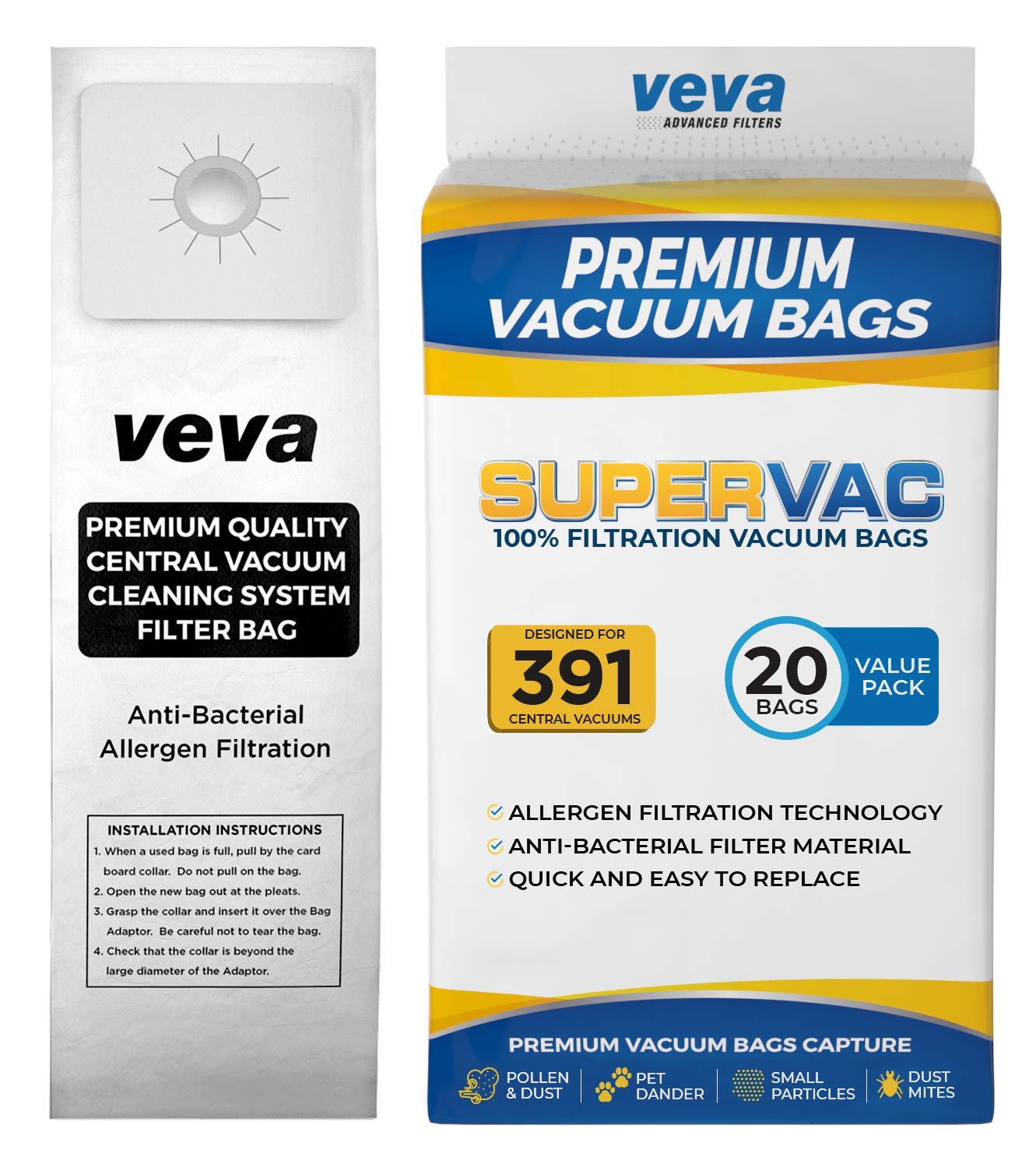 20 Pack VEVA Premium SuperVac Vacuum Gallon Bags - Compatible with Nutone 391, CV350, CV352, CV353, CV450, CV653, CV750 Central Vacuum Cleaners | Durable Replacement Bags for Home & Office Cleaning