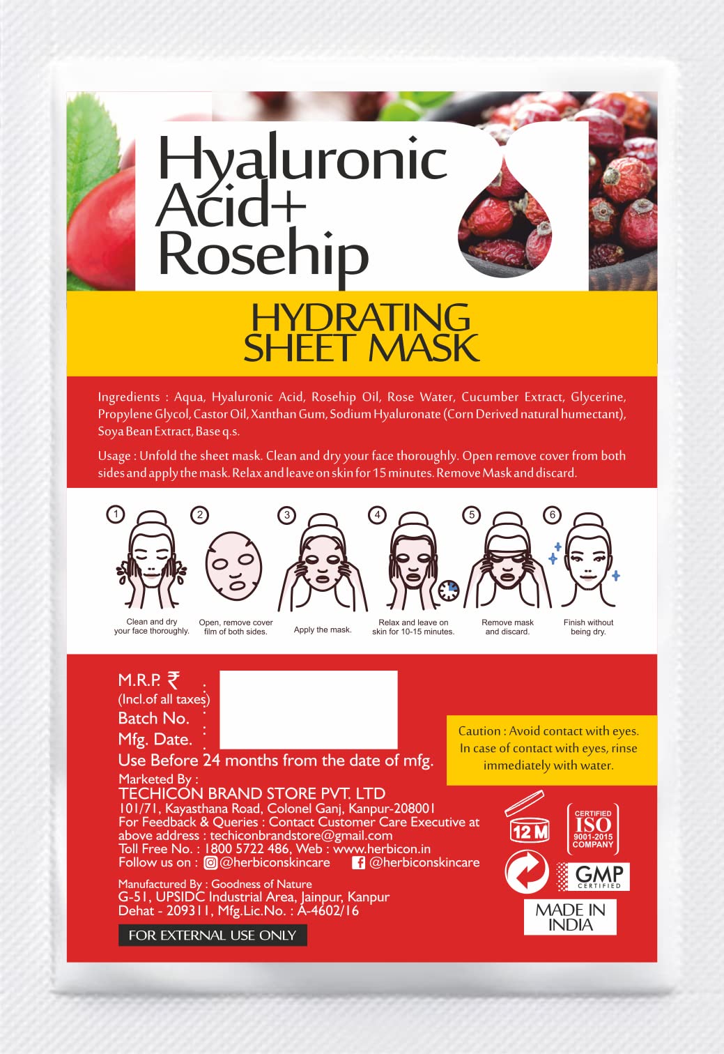 Hydrating Hyaluronic Acid Face Mask with Rosehip Oil - Deep Moisture for Soft, Plump Skin - 20g (Pack of 4) - Perfect for Dry Skin Care & Spa Night Routine
