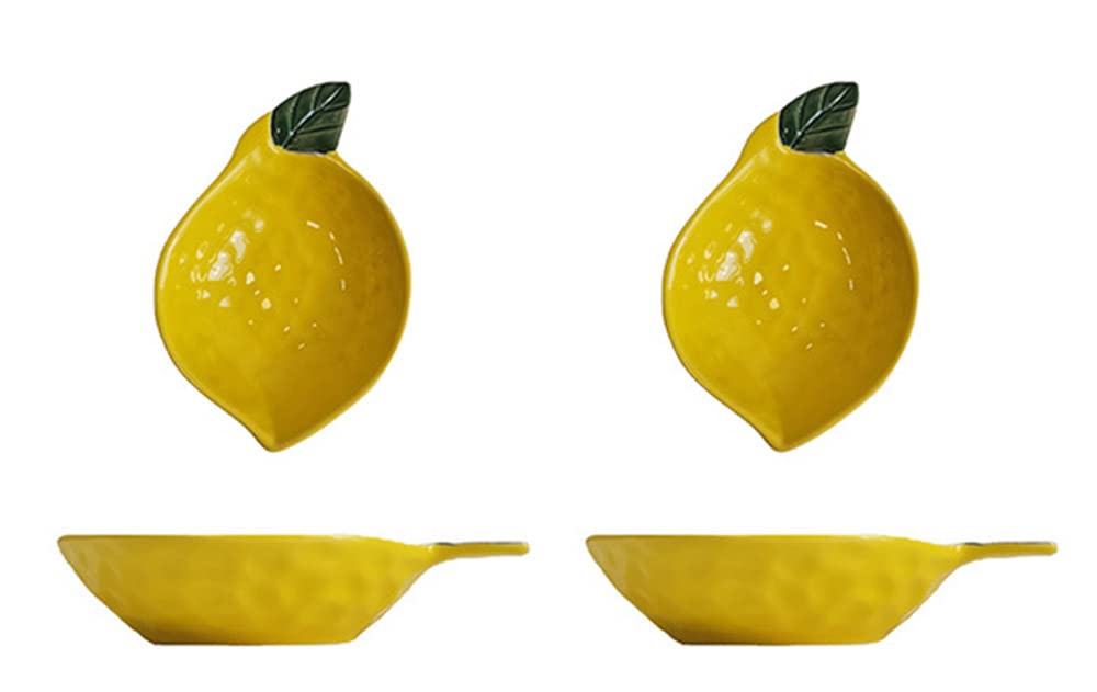 123Arts 4-Piece Ceramic Lemon-Shaped Condiment Dishes - Small Appetizer Plates for Sauces, Dips & Seasonings - Perfect for Kitchen, Dining Table & Party Snack Serving