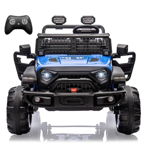 GARVEE 24V Electric Ride On Truck for Kids - 2 Seater Remote Control Car with LED Lights, Music & Horn | Large Storage Space & Cup Holder | Toddler Toy Vehicle for Ages 3-8 (Blue) | Perfect for Outdoor Play, Birthday Gifts & Family Fun