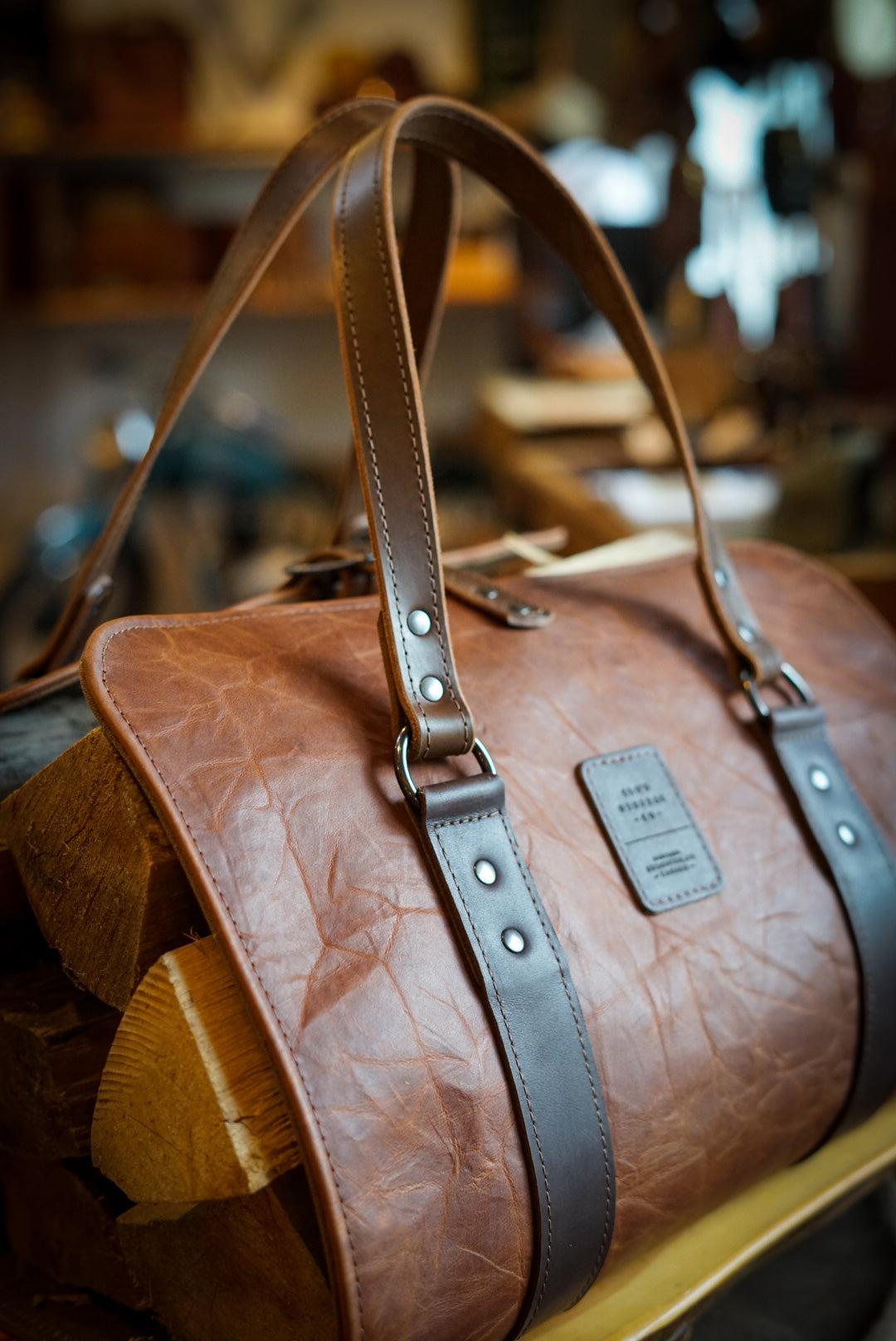 Premium Full Grain Leather Log Carrier - Cinnamon Brown - Heavy Duty Firewood Holder for Fireplace, Camping & Outdoor Use
