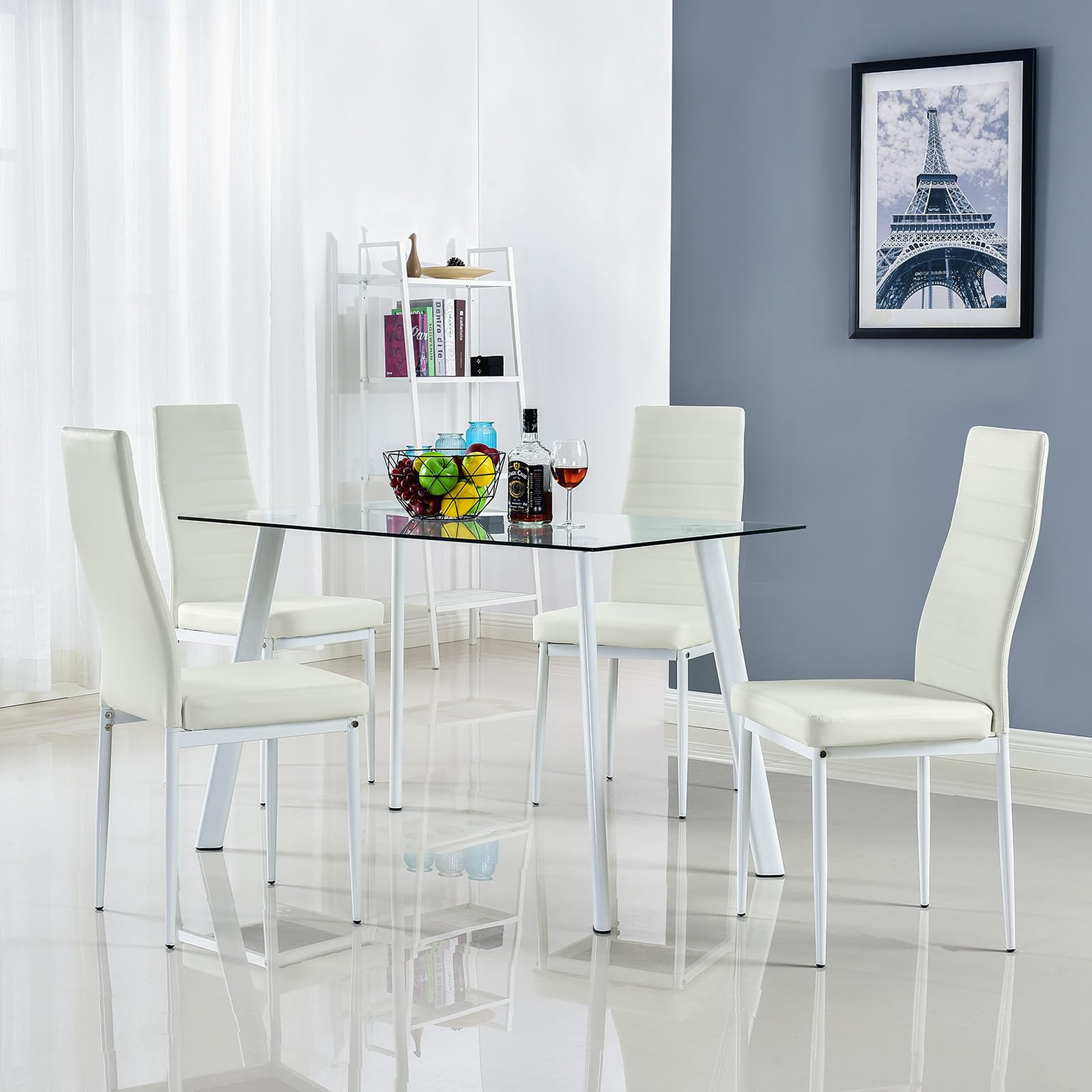 Bonnlo 5-Piece Modern White Glass Dining Table Set with PU Leather Chairs for 4 - Small Kitchen & Breakfast Nook Furniture - Perfect for Apartments, Condos & Cozy Dining Spaces