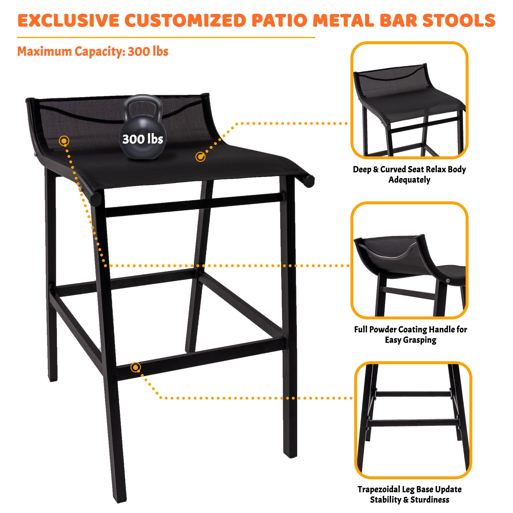 Sundale Outdoor Black Patio Bar Stools Set of 2 - Low Back Metal Counter Height Bar Chairs for Porch, Deck, Poolside & Backyard - Durable Armless High Top Stools for Outdoor Dining & Entertaining