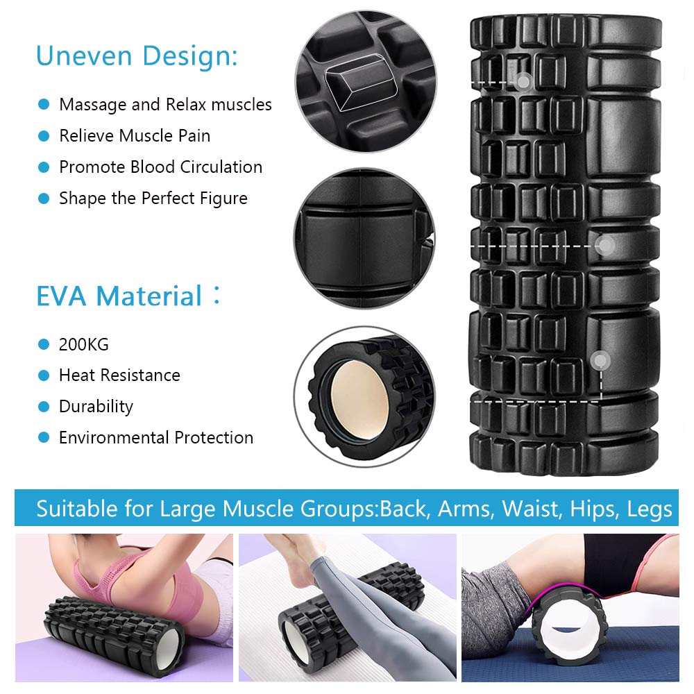 KilYn 6-in-1 Foam Roller Set for Deep Tissue Massage - Includes Muscle Roller Stick, Exercise Resistance Bands, Massage Ball, High & Low Density Foam Rollers - Perfect for Yoga, Pilates, Workout Recovery & Physical Therapy - Comes with Convenient Carry Bag (Black)