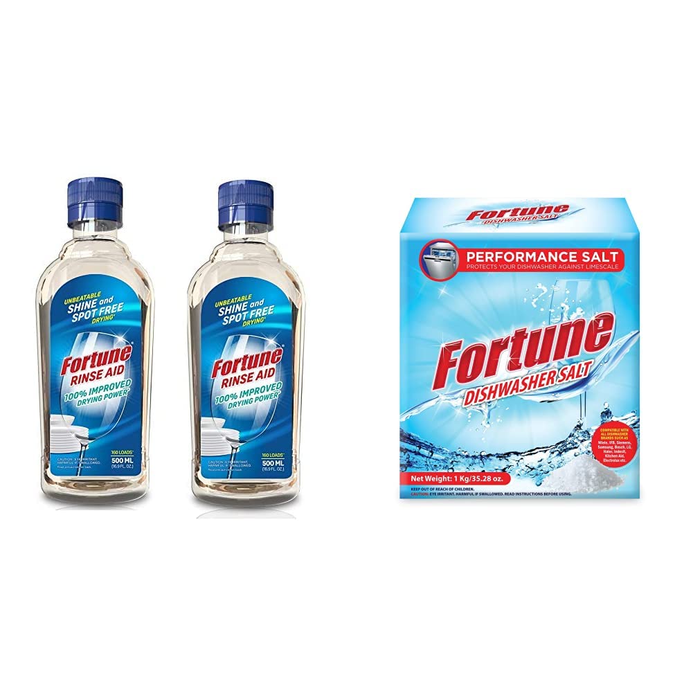 Fortune Dishwasher Rinse Aid 500ml (2-Pack) & Dishwasher Salt 1kg - Universal Fit for All Dishwasher Brands - Prevents Spots & Residue for Sparkling Clean Dishes