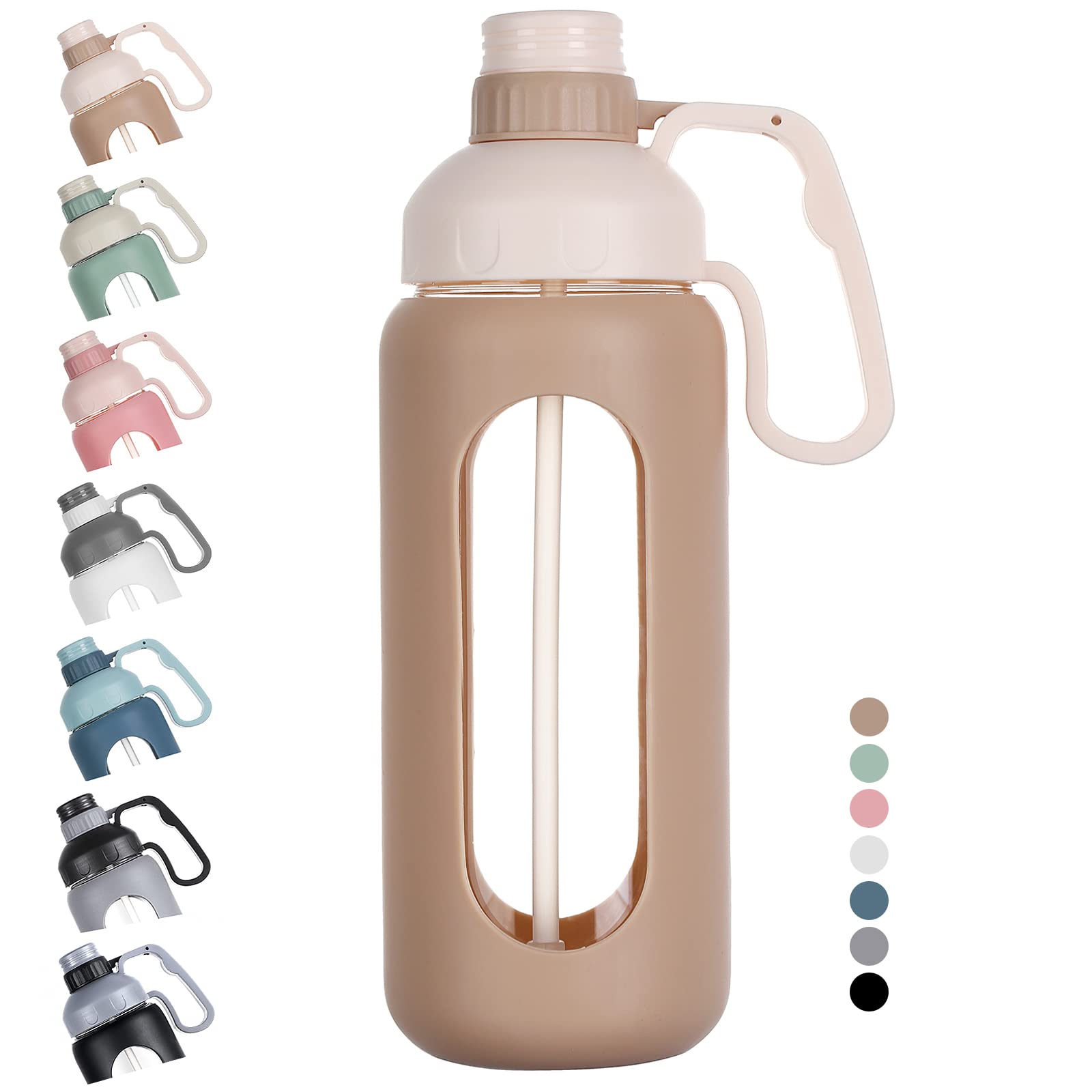 MUKOKO 56oz Glass Water Bottle with Straw & Handle - BPA Free Leakproof for Gym, Work, Outdoor