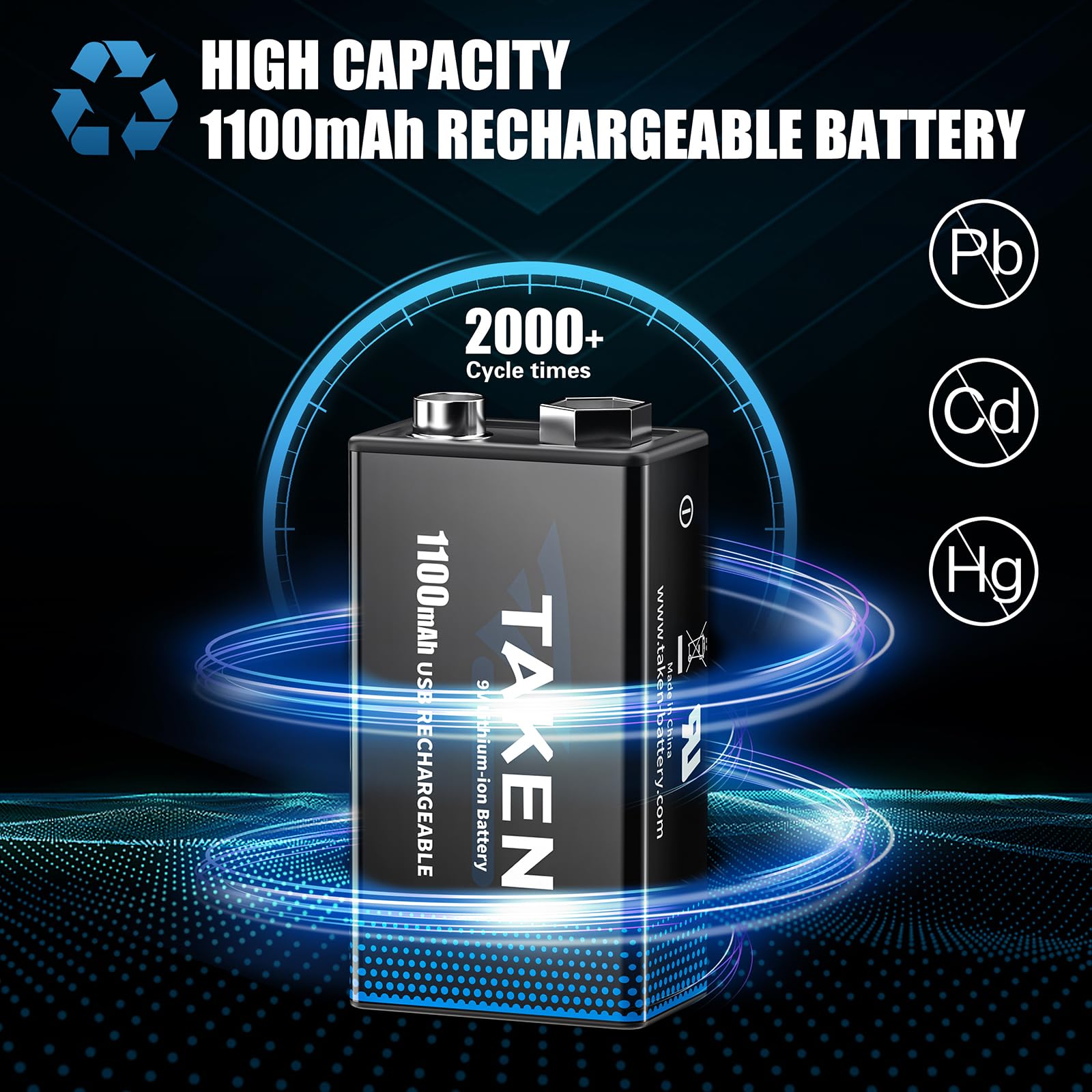 Rechargeable 9V Lithium Batteries 2-Pack with USB & Type C Cable - Long Lasting 9 Volt Battery for Smoke Detectors, Guitar Pedals & Electronic Devices
