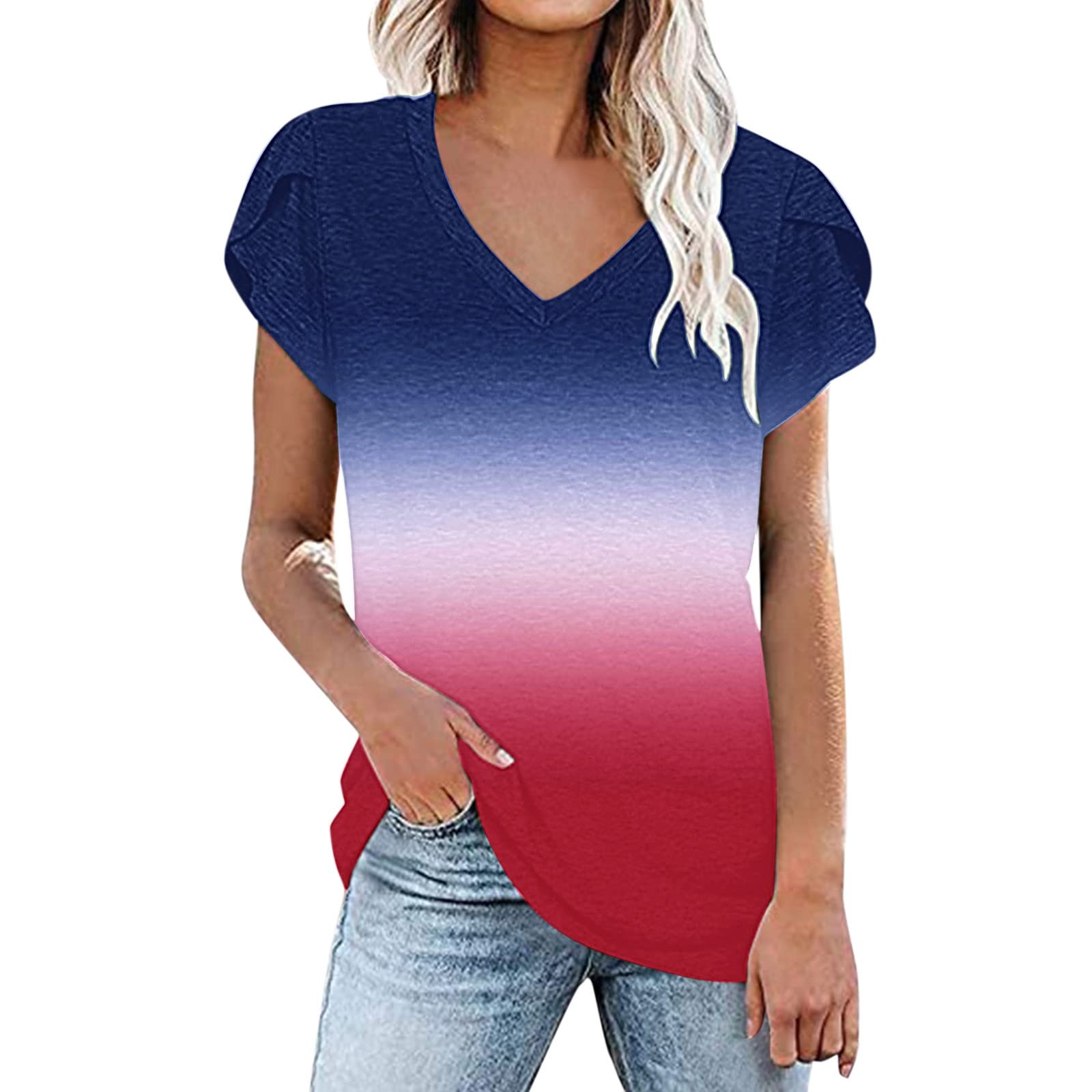 Women's Floral Printed V-Neck T-Shirt - Petal Sleeve Summer Casual Top, Loose Fit Tunic Tee for Women | Perfect for Beach Outings, Date Nights & Everyday Wear