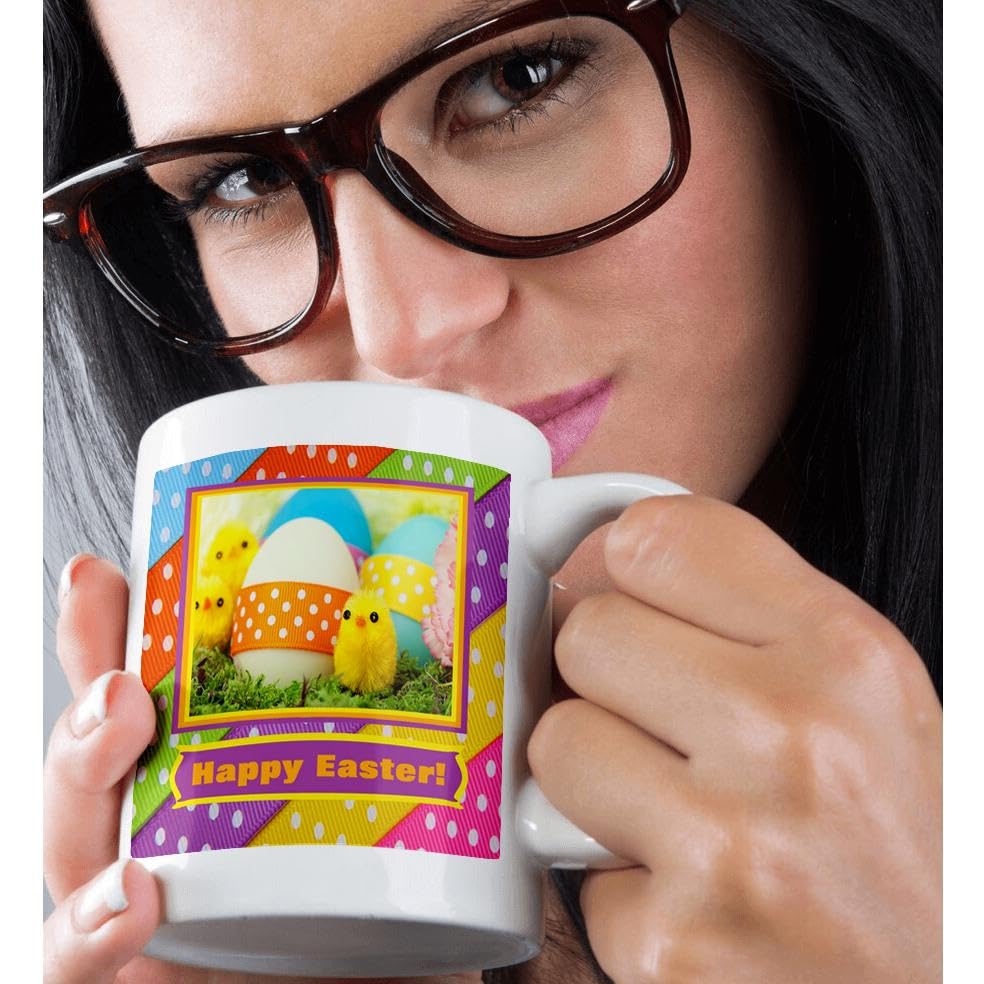 Happy Easter Ceramic Mug 11 oz - Soft Yellow Chicks with Eggs & Dotted Ribbon Design - White Coffee Cup for Easter Brunch, Spring Decor, or Gift Giving