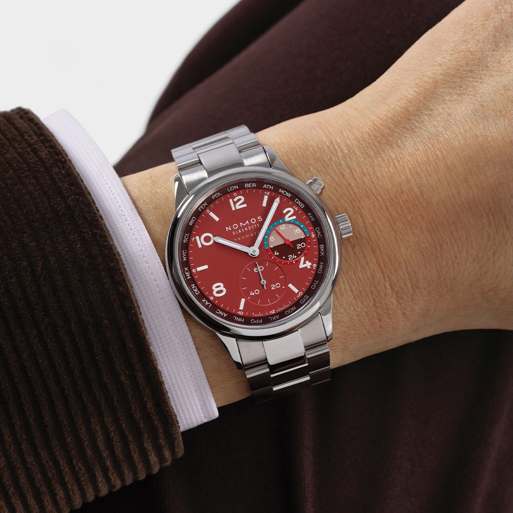 NOMOS Club Sport Neomatik Worldtimer Limited Edition 40mm Watch with Magma Dial & Stainless Steel Bracelet - Perfect for Travelers and Luxury Watch Collectors
