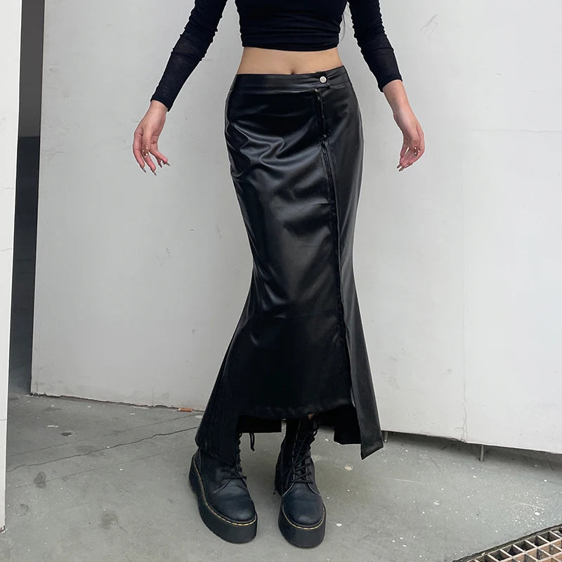 Elegant Black Leather Skirt for Women - Asymmetrical Fold Design with Side Zipper & High Slit, Sexy Long Skirt for Clubwear, Party & Night Out Fashion | Perfect for Evening Events, Date Nights & VIP Parties