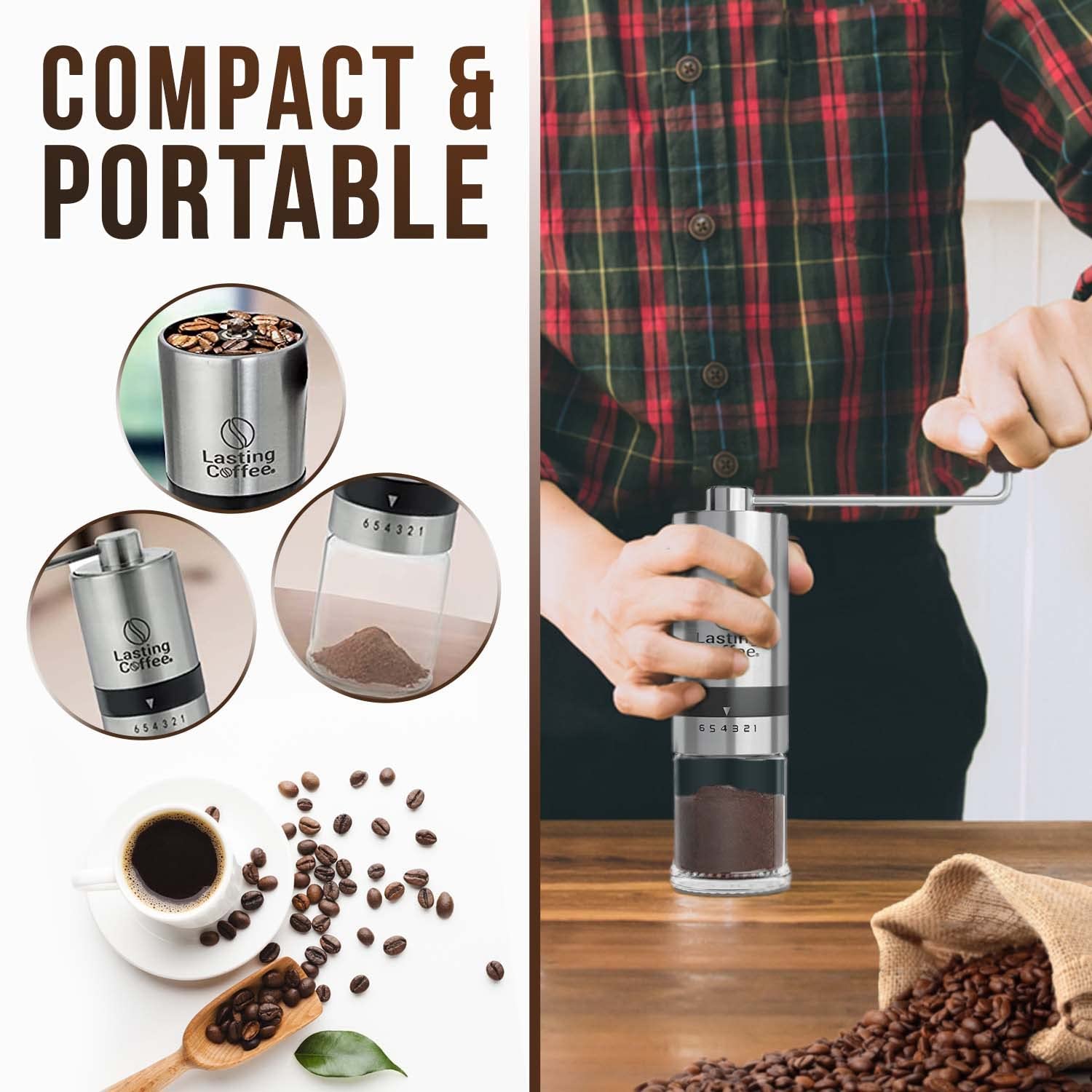 Premium Manual Coffee Grinder with Stainless Steel Conical Burr - Adjustable Coarse to Fine Settings for Espresso, French Press & Pour Over - Portable Hand Crank Mill for Home, Camping & Travel Use