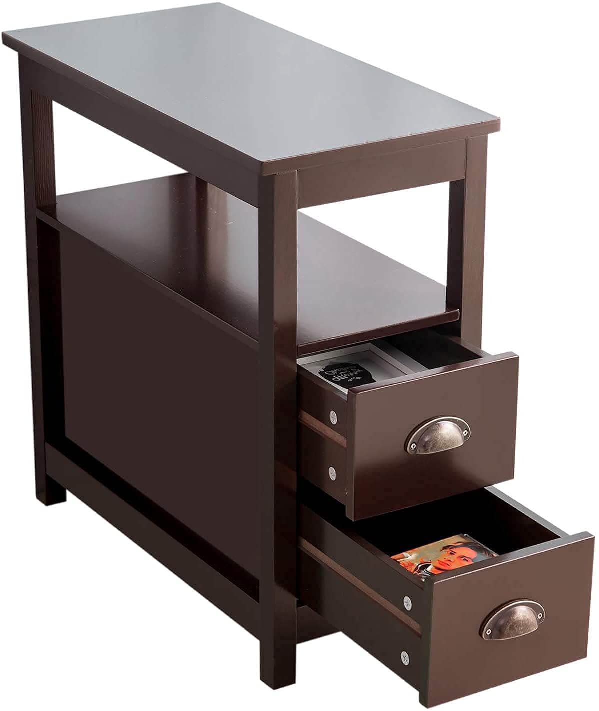 Brown Narrow End Table with 2 Storage Drawers & Open Shelf - Nightstand or Living Room Side Table for Small Spaces, Bedroom & Apartment Decor
