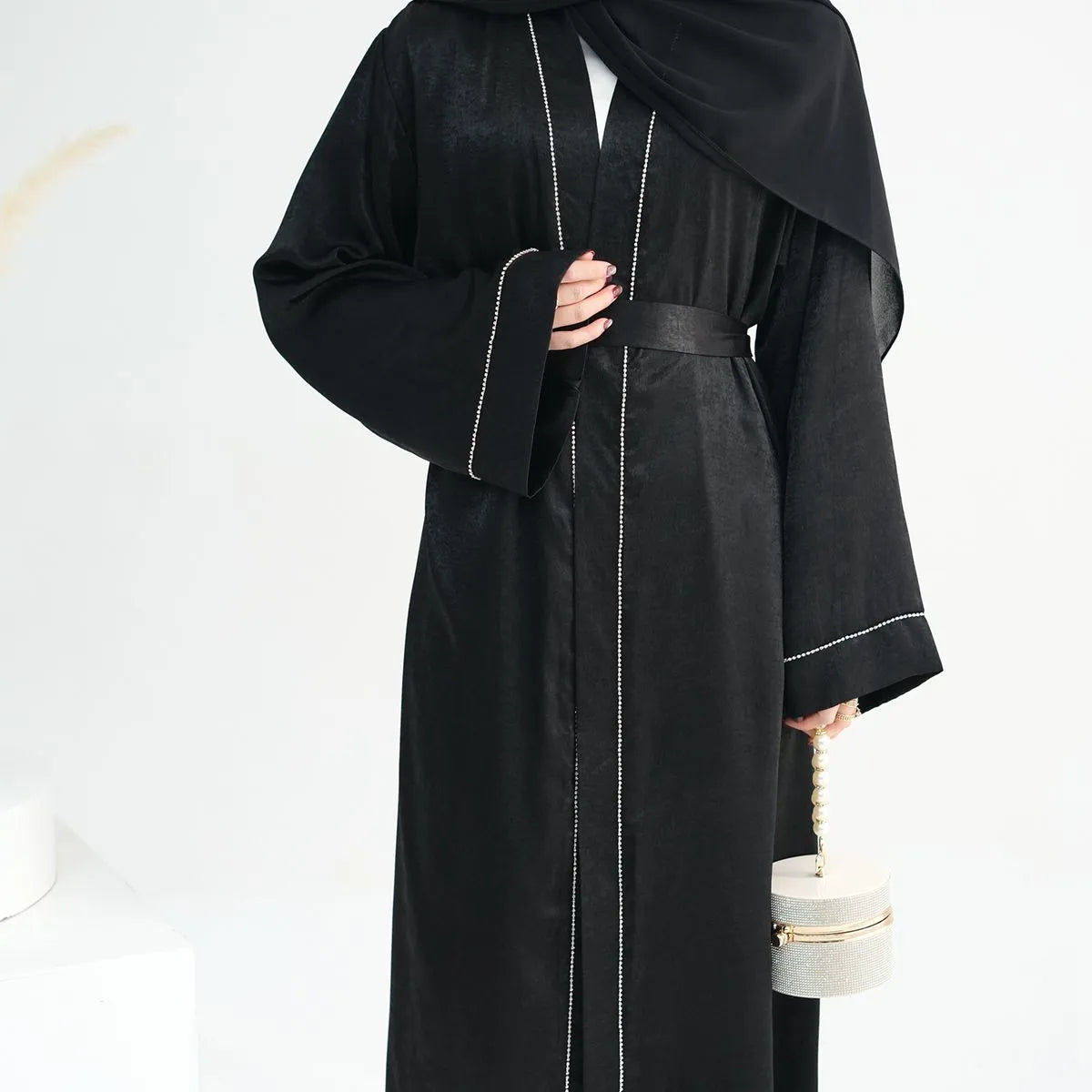 Elegant Muslim Women's Satin Cardigan Open Abaya Dress - Modest Islamic Prayer Dress for Home & Mosque