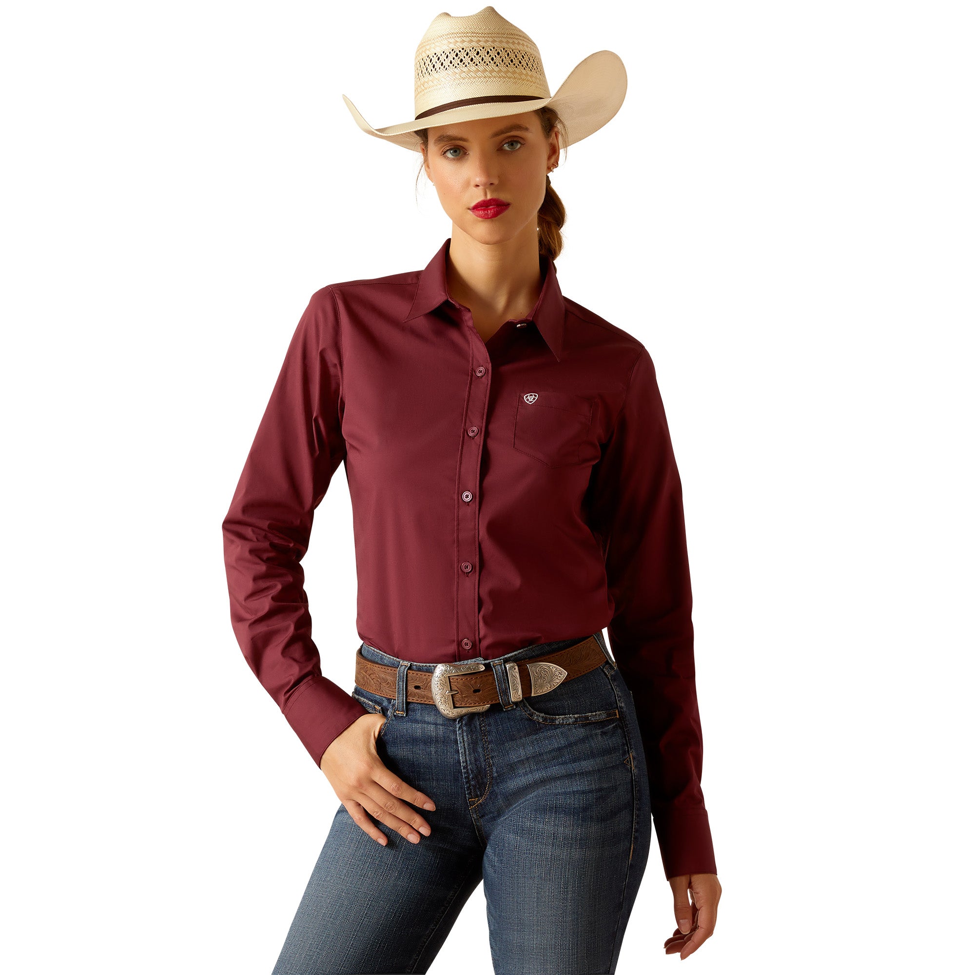 Ariat Women's Wrinkle Resistant Kirby Long Sleeve Shirt - Burgundy Red for Western Riding, Horseback & Casual Wear