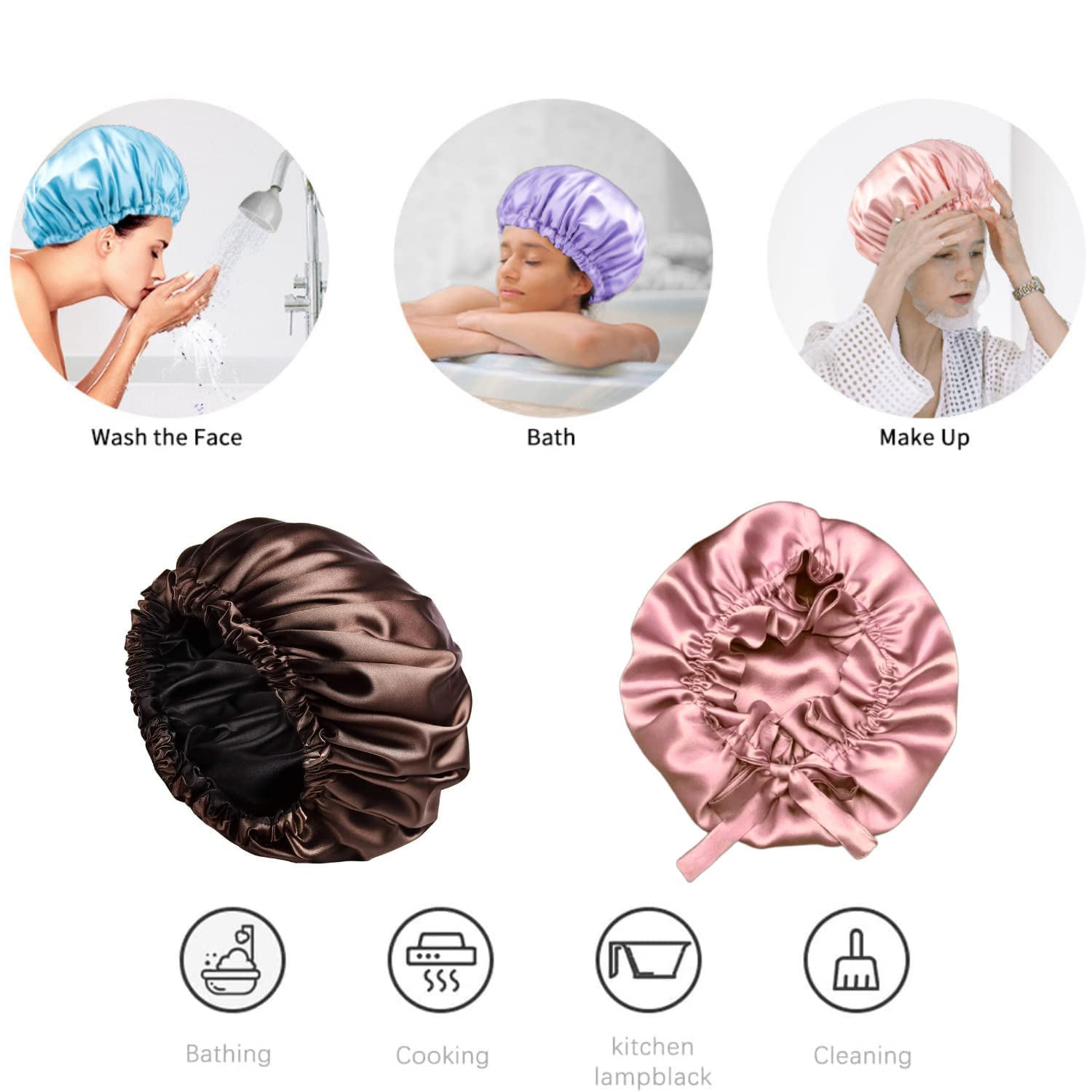 Premium Satin Silk Bonnet for Curly Hair & 3 Scrunchies Set - Reversible Hair Cap for Sleeping & Hair Protection - Black 2-in-1 Design (Great for Nighttime Hair Care & Travel Accessories)