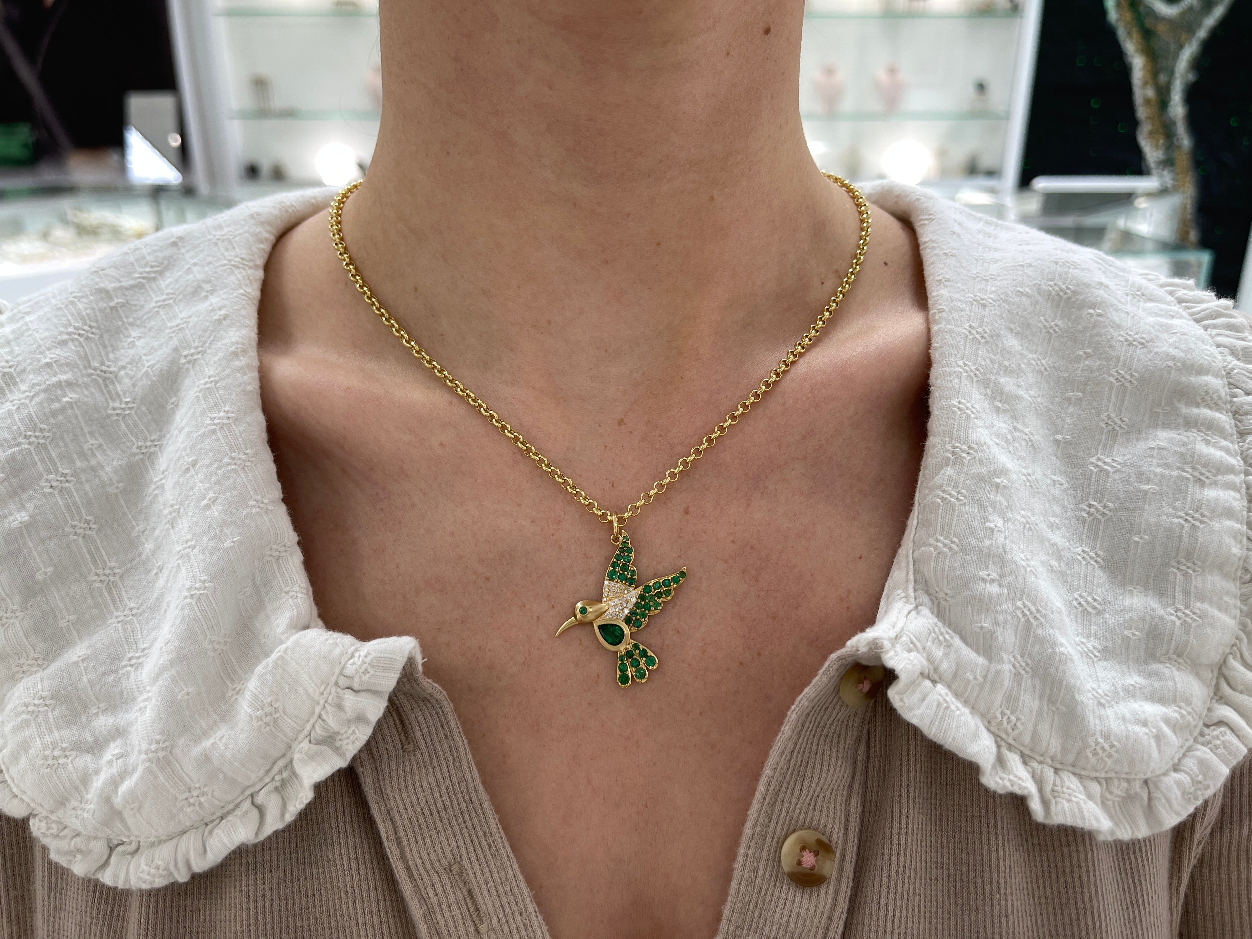 2.16tcw Natural Emerald & Diamond Hummingbird Pendant in 14K Gold - Elegant Jewelry Gift for Women, Perfect for Birthdays, Anniversaries & Special Occasions