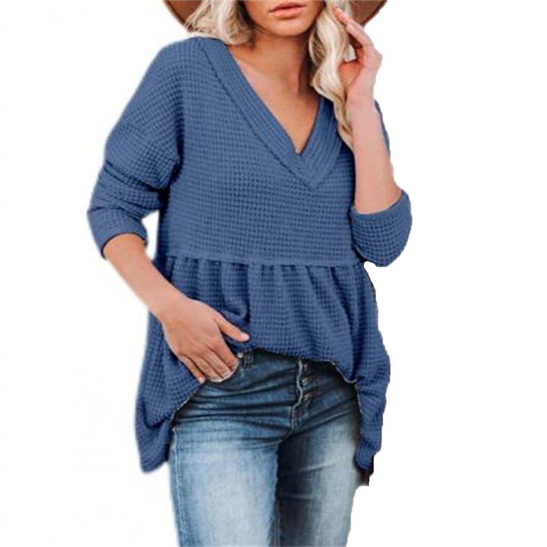 Women's Long Sleeve V-Neck Ruffle Blouse - Loose Casual Peplum Babydoll Top | Flowy Swing Tunic for Work, Date Night & Everyday Wear