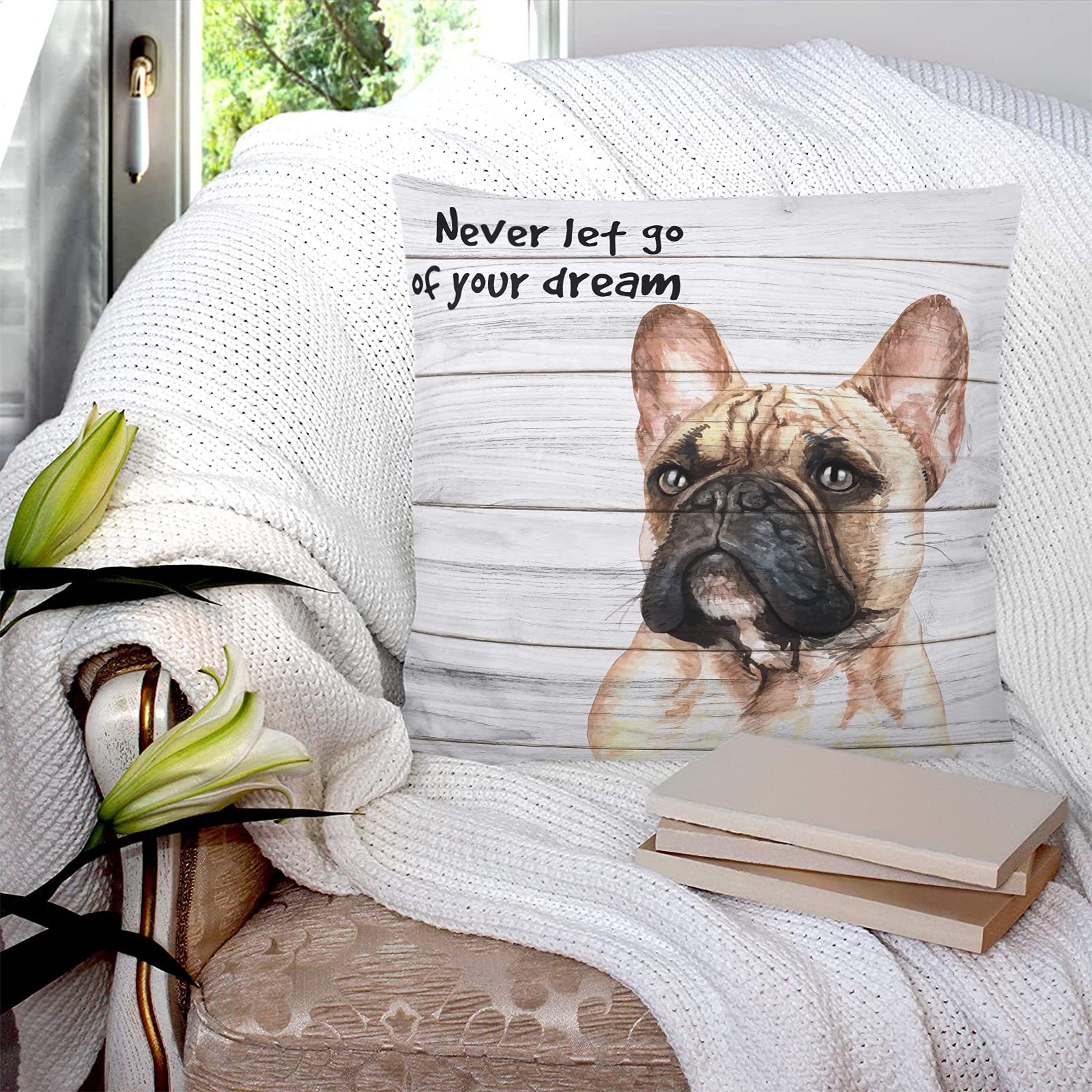 Muswanna French Bulldog Throw Pillow Covers - Soft Brushed Fabric Square Decorative Cushion Covers for Couch, Sofa & Bed - 'Never Let Go of Your Dream' Wood Board Design - Perfect for Living Room, Bedroom & Home Decor