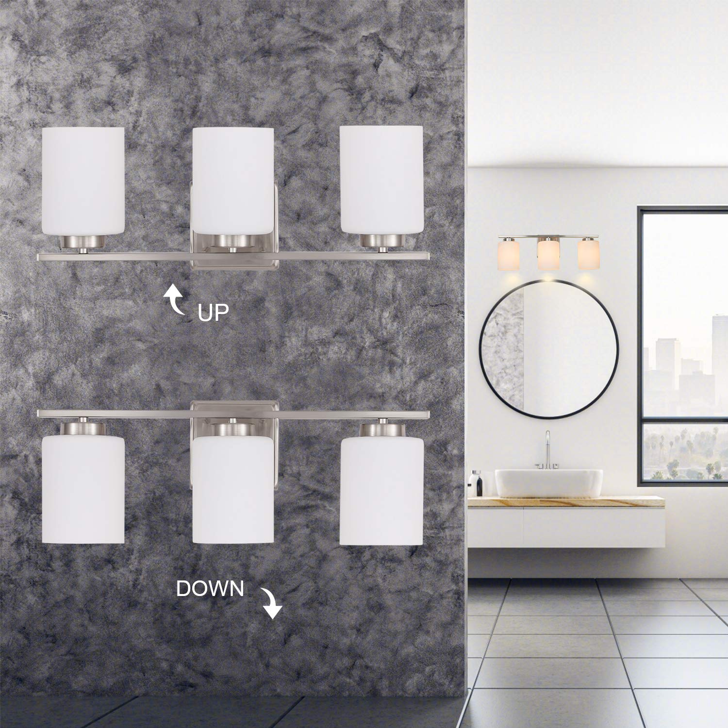NEOUS 3-Light Brushed Nickel Bathroom Vanity Lighting Fixture with White Glass Shades - E26 Base for 60W Max Bulbs - Perfect for Modern Bathrooms, Powder Rooms and Dressing Areas