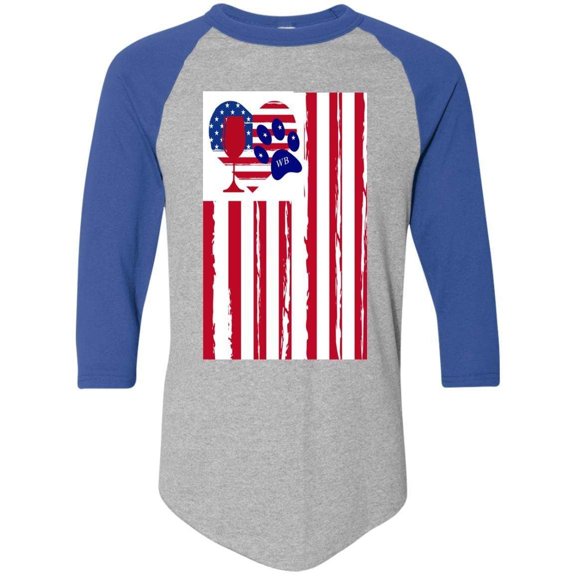 American Flag Wine Glass with Paw Heart Design - Colorblock Raglan Jersey for Women | Perfect for Patriotic Parties, BBQ Gatherings & Wine Lovers