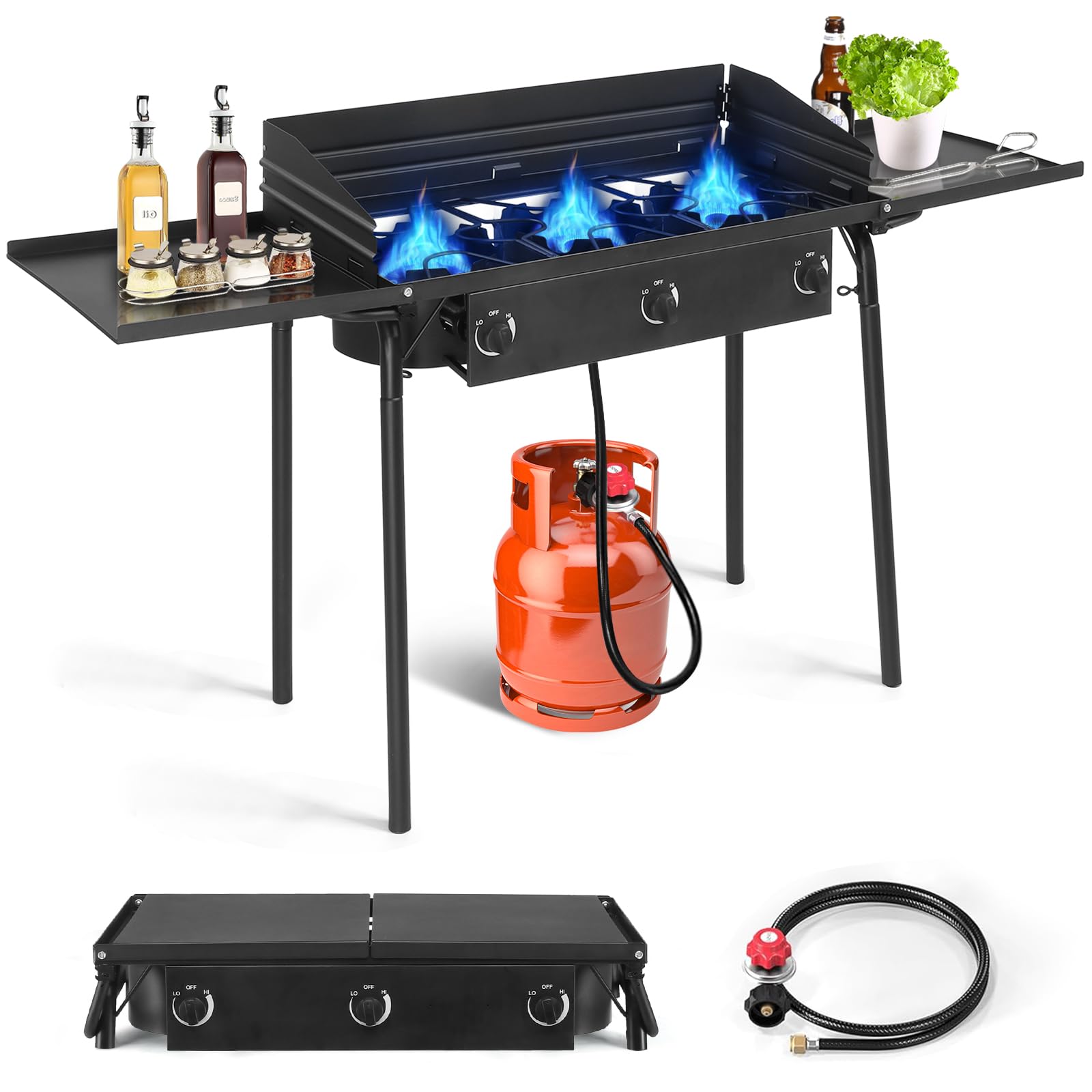 Outvita 3 Burner Propane Gas Stove - 225,000 BTU Outdoor Camping Cooker with Windscreen & Side Shelves - Perfect for Backyard BBQ, Turkey Frying, Baking & Picnics