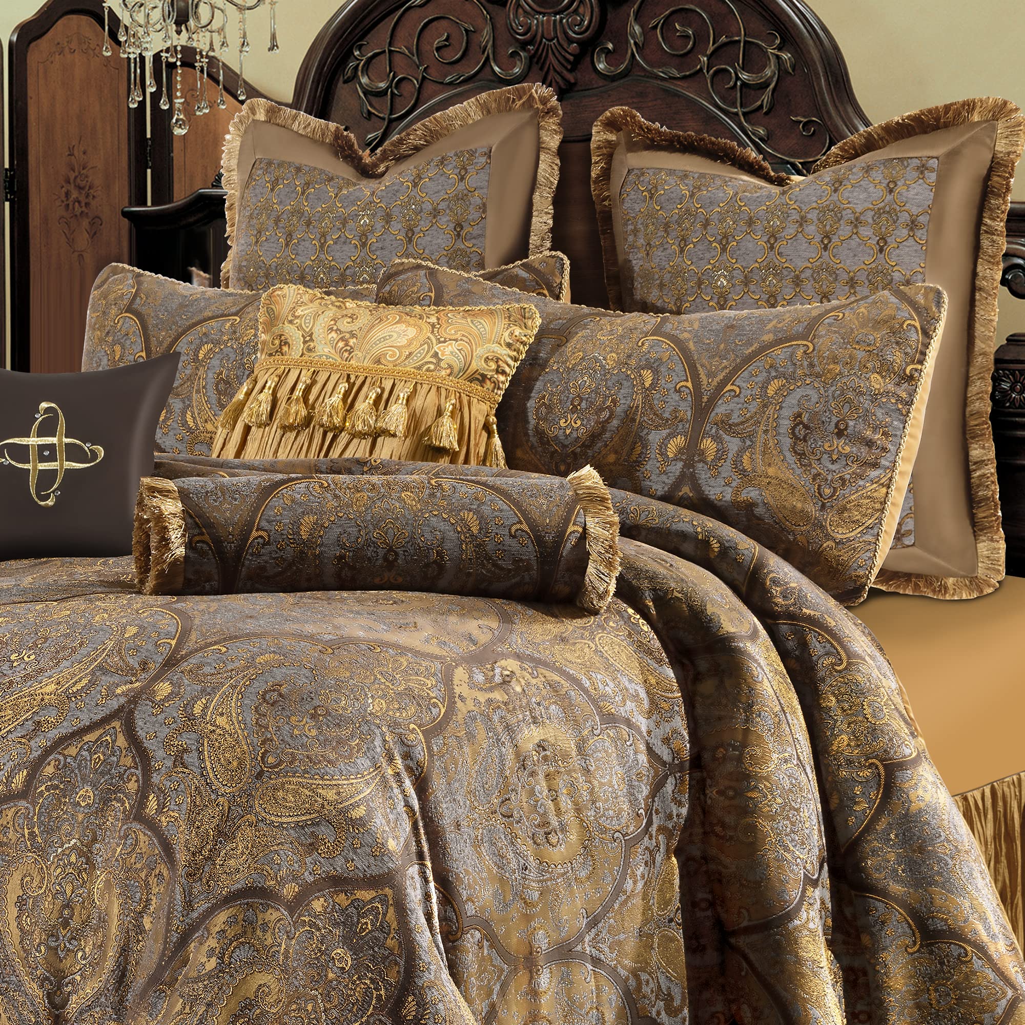 Luxury 9-Piece Jacquard Comforter Set Queen Size - Classic Antique Damask Bedding with Euro Shams, Bedskirt & Decorative Pillow - Ultra Soft Loom and Mill Collection (Cambridge Design) for Elegant Bedroom Decor