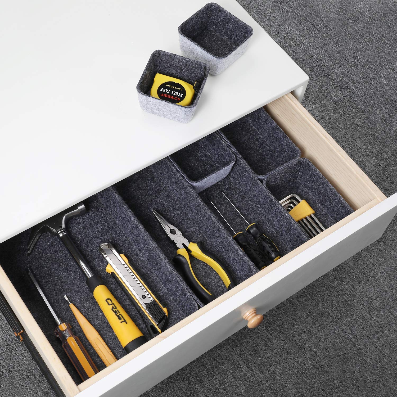 Welaxy 8-Piece Desk Drawer Organizer Tray - Shallow Felt Storage Bin for Office Supplies, Makeup, Pens, Keys & Crafts | Soft Yet Sturdy, Minimalist Design (Charcoal) | Perfect for Home Office, Vanity & Craft Room Organization