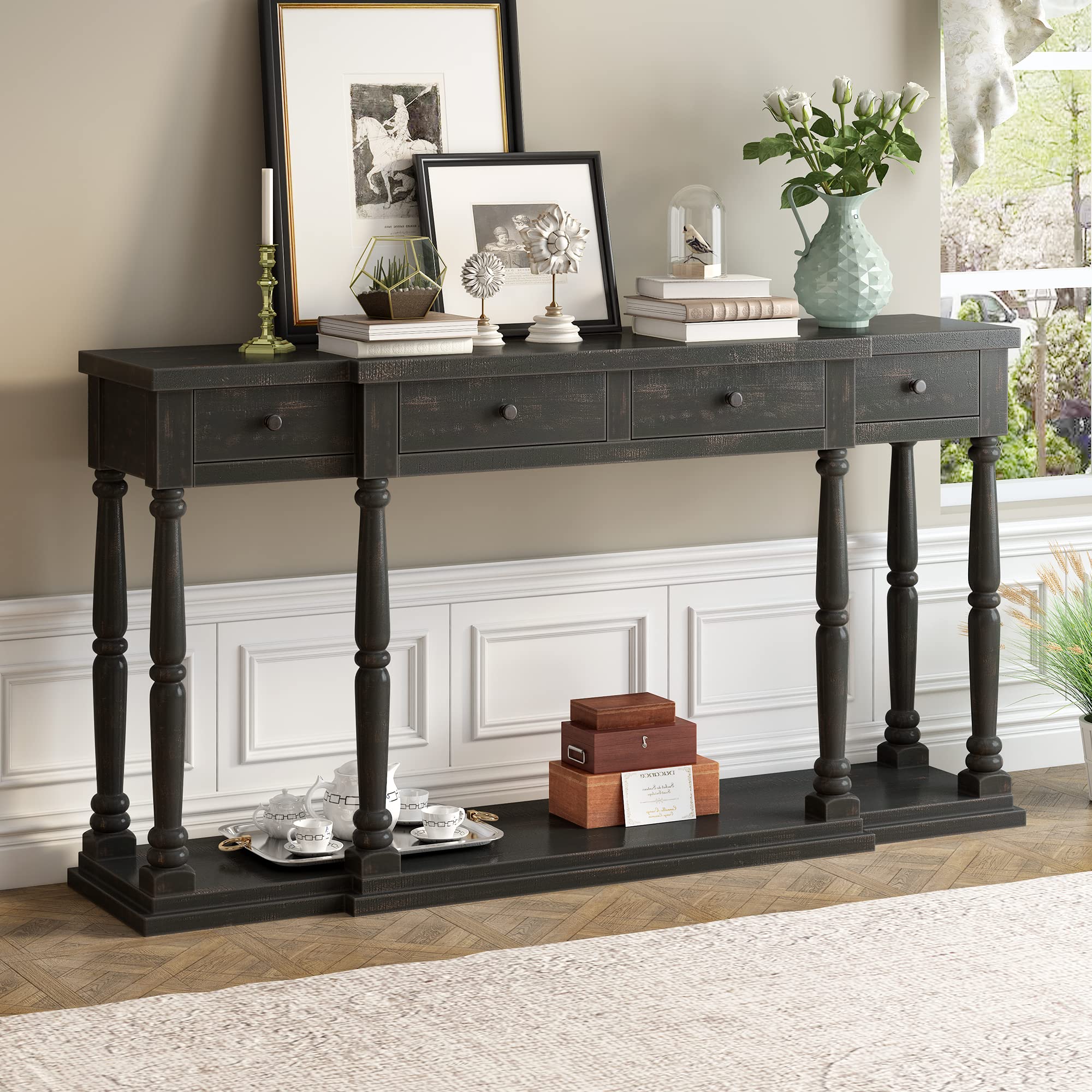 63'' Retro Wood Console Table with 4 Drawers & Shelf - Sofa Table, Sideboard for Living Room, Hallway, Entryway & Kitchen - Antique Black Finish - Perfect for Home Decor & Storage Solutions