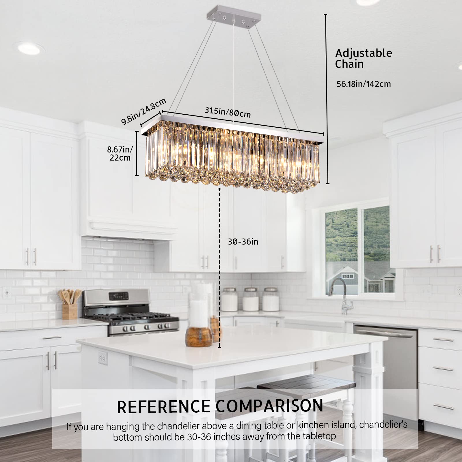 Modern Silver Rectangular Crystal Chandelier - Luxury Chrome Pendant Ceiling Light for Dining Room, Kitchen Island, Living Room & Bar | Elegant Lighting Fixture for Home Decor, Wedding Venues & Restaurants