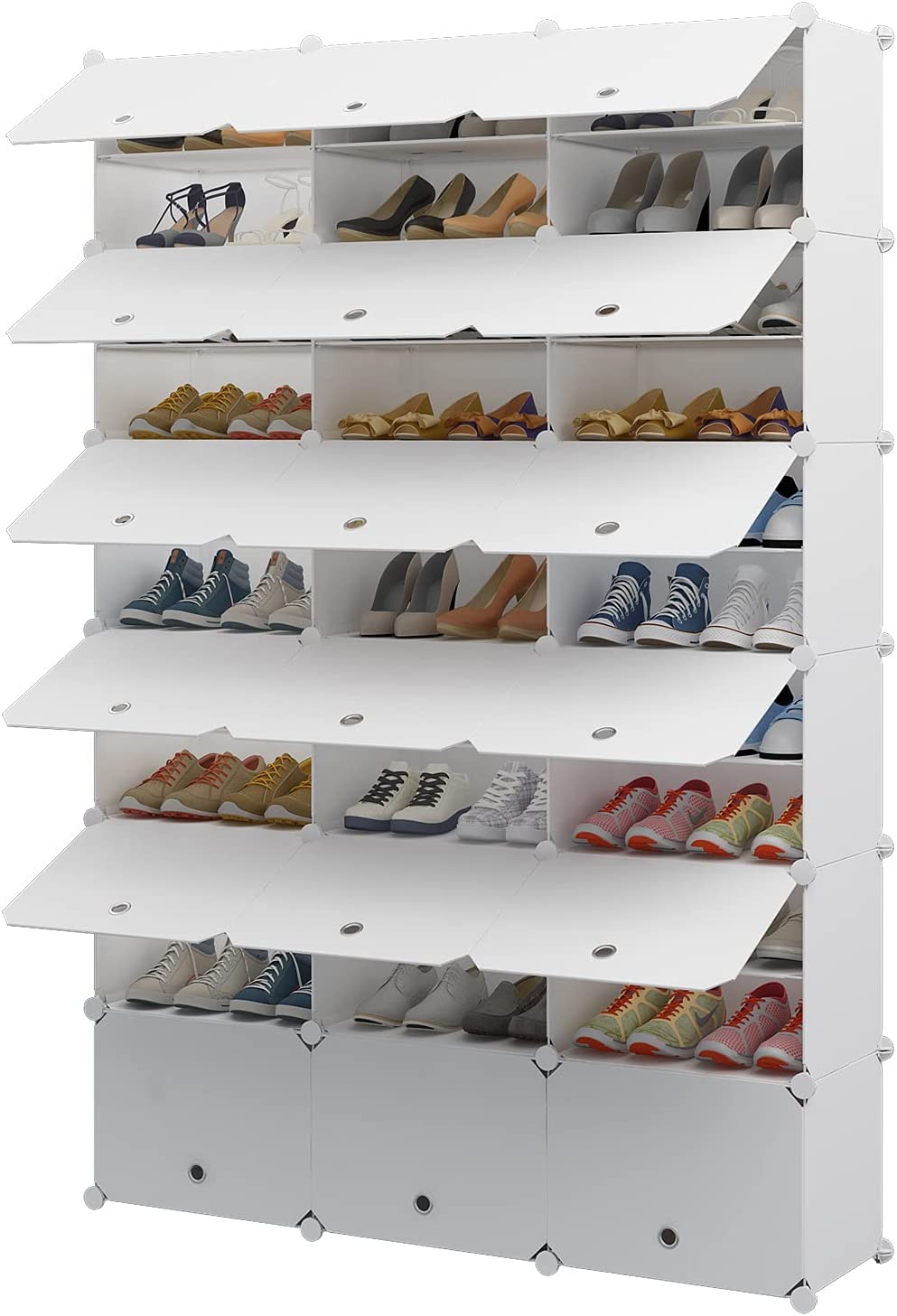 Aeitc 72 Pair Shoe Storage Shelf Organizer - White Plastic Shoe Rack with Doors for Entryway, Closet & Mudroom | Space-Saving DIY Shoe Cabinet for Home Organization