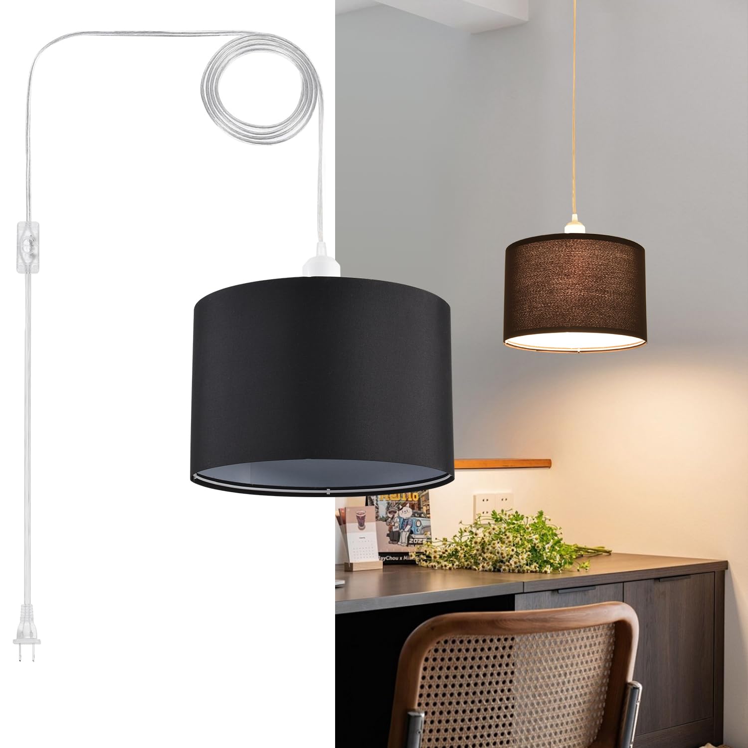 2 Pack Plug in Pendant Light with 15Ft Clear Cord & On/Off Switch - Black Fabric Lamp Shade Hanging Light Fixture for Bedroom, Kitchen, Dining Table & Living Room - Perfect for Modern Home Decor, Farmhouse Style & Apartment Lighting
