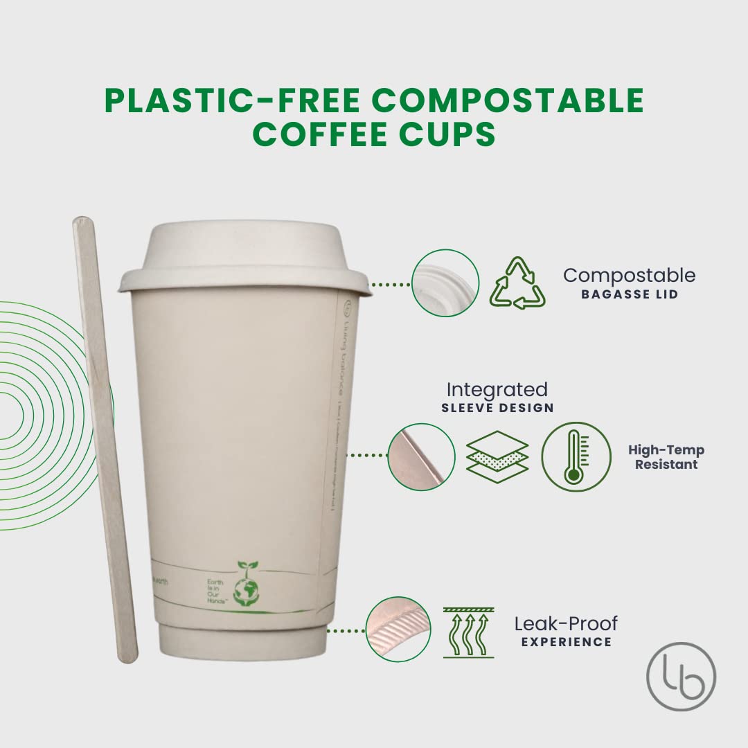 Certified Compostable 16oz Coffee Cups with Lids - 75 Pack | Eco-Friendly Bagasse Coffee Cups with Stirrers & Sleeves | Perfect for Coffee Shops, Offices & Sustainable Events