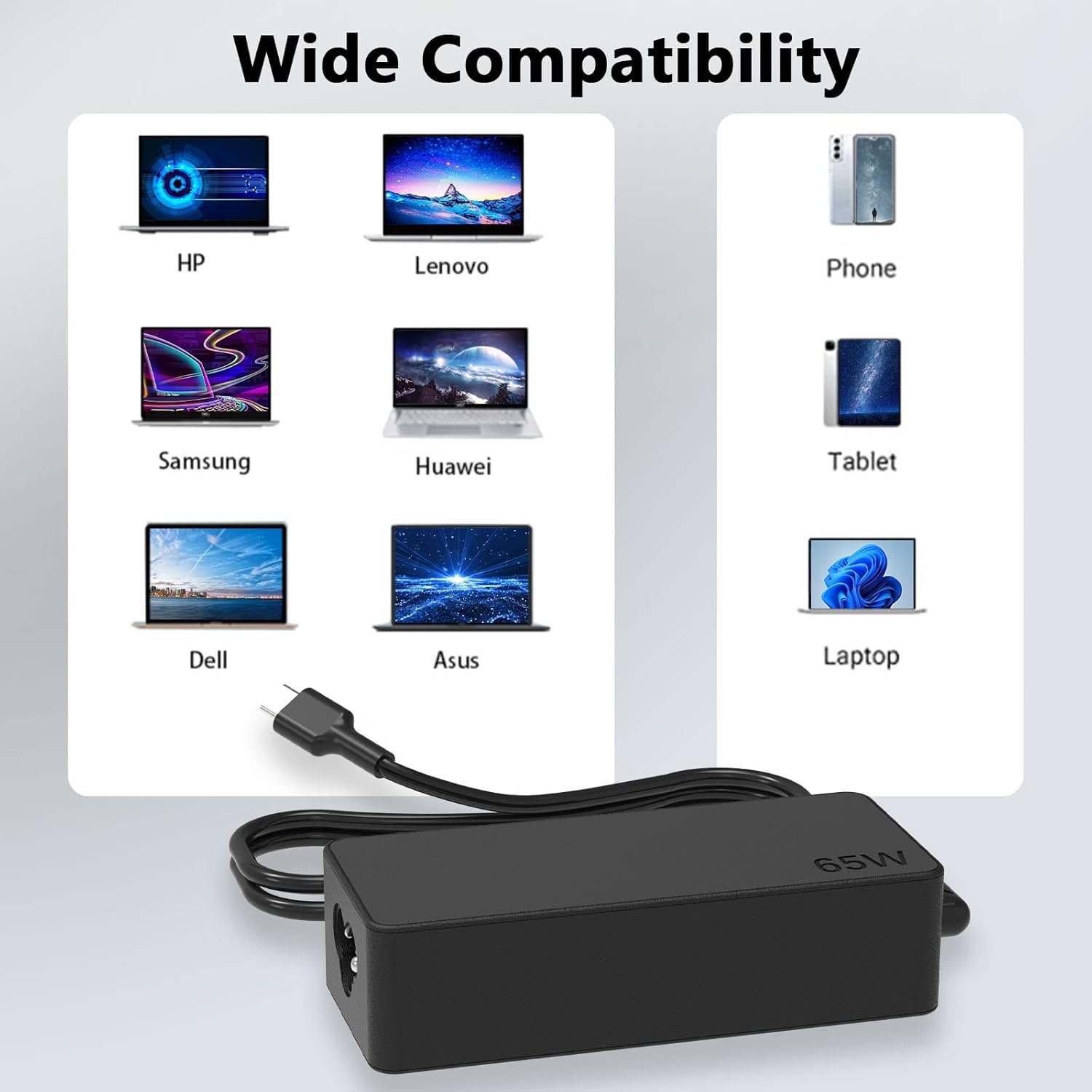 65W USB C Laptop Charger for Lenovo Chromebook 100e 300e 500e C330 S330 C340 ThinkPad T480 T480s T580 T580s E480 E580 - Fast Charging AC Adapter Power Supply 20V 3.25A - Perfect for Home, Office & Travel Use