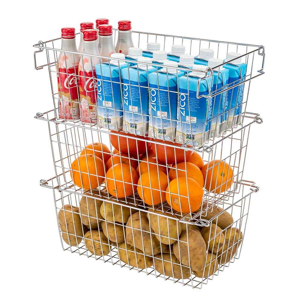 SANNO Stackable Chest Freezer Baskets Organizer - Set of 3 Heavy Duty Wire Storage Bins for Freezer, Pantry & Kitchen Organization - Durable Metal Food Storage Baskets for Fruits, Vegetables & Frozen Foods